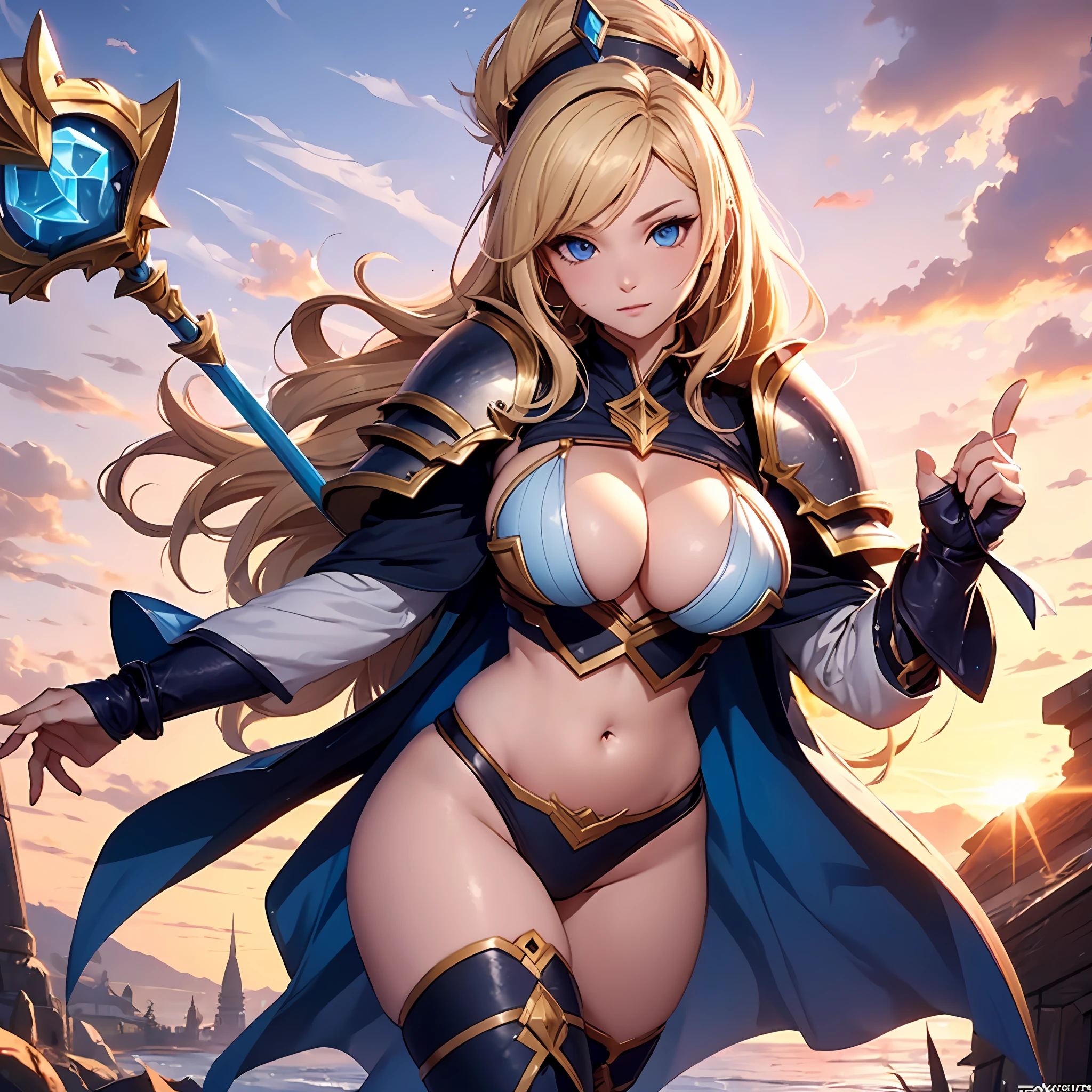Lux, blue eyes, blonde , league of legends, plate armor, big boobs, scepter, light magic, sunset, partical effects, waifu, belly, thick thighs --auto