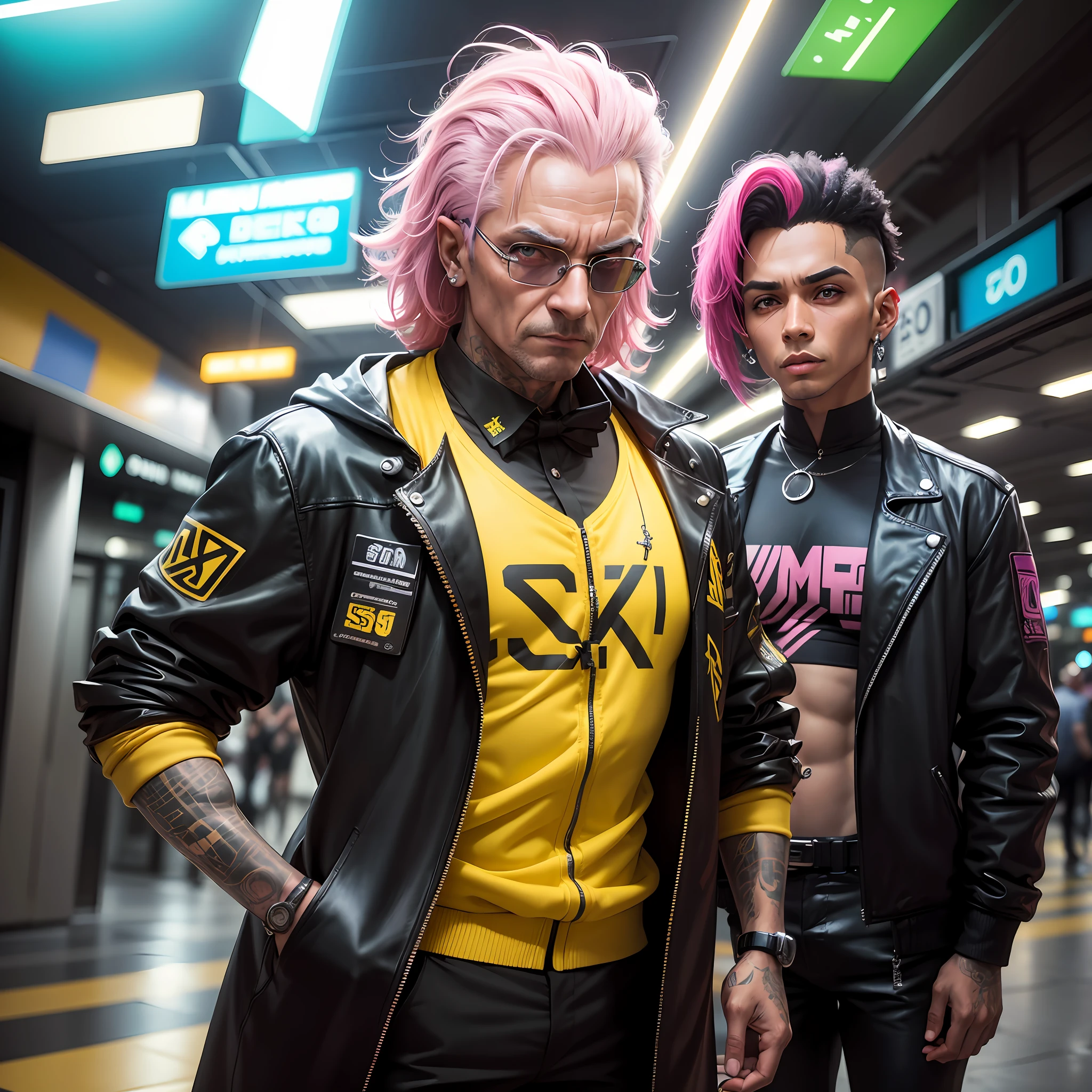 gostaria de uma imagem estilo cyberpunk em 4k de um homem de mais ou menos 50 anos , forte, de pele negra ,com cabelo punk estilo anos 80 na cor amarelo e cinza escuro,muito eLegante,, futurista e estiloso neon , com uma tatuagem super colorida e com neon ,Toattoo, facing a metro station on the platform , with station lights failing in a dimly lit environment, standing dressed in a dark yellow suit with a pink bow tie