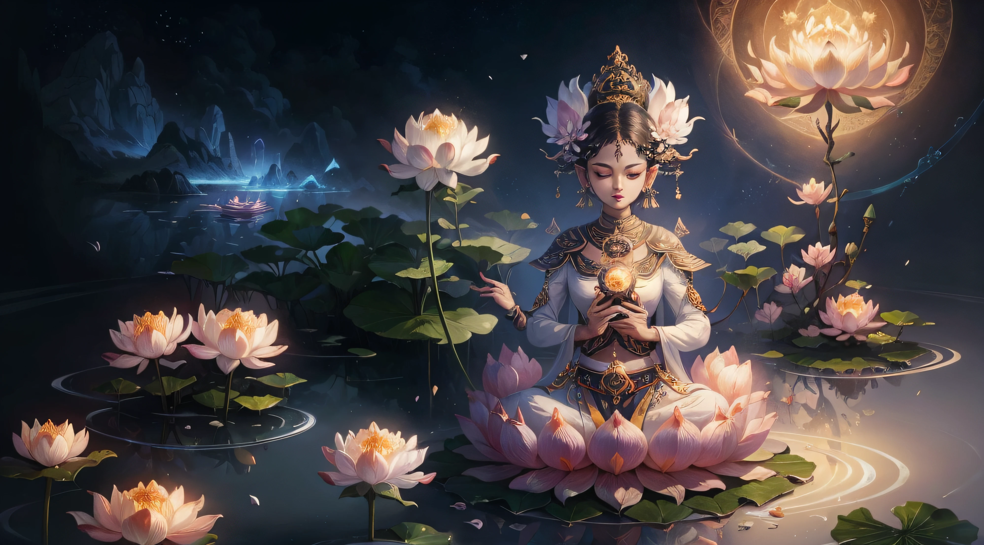 BUDIST LOTUS FLOWER, MAGIC, GOD, DIVINE, FABULOUS, (Melhor Qualidade: 1.0), (ultra high def: 1.0), 8K, (Obra-prima: 0.2)