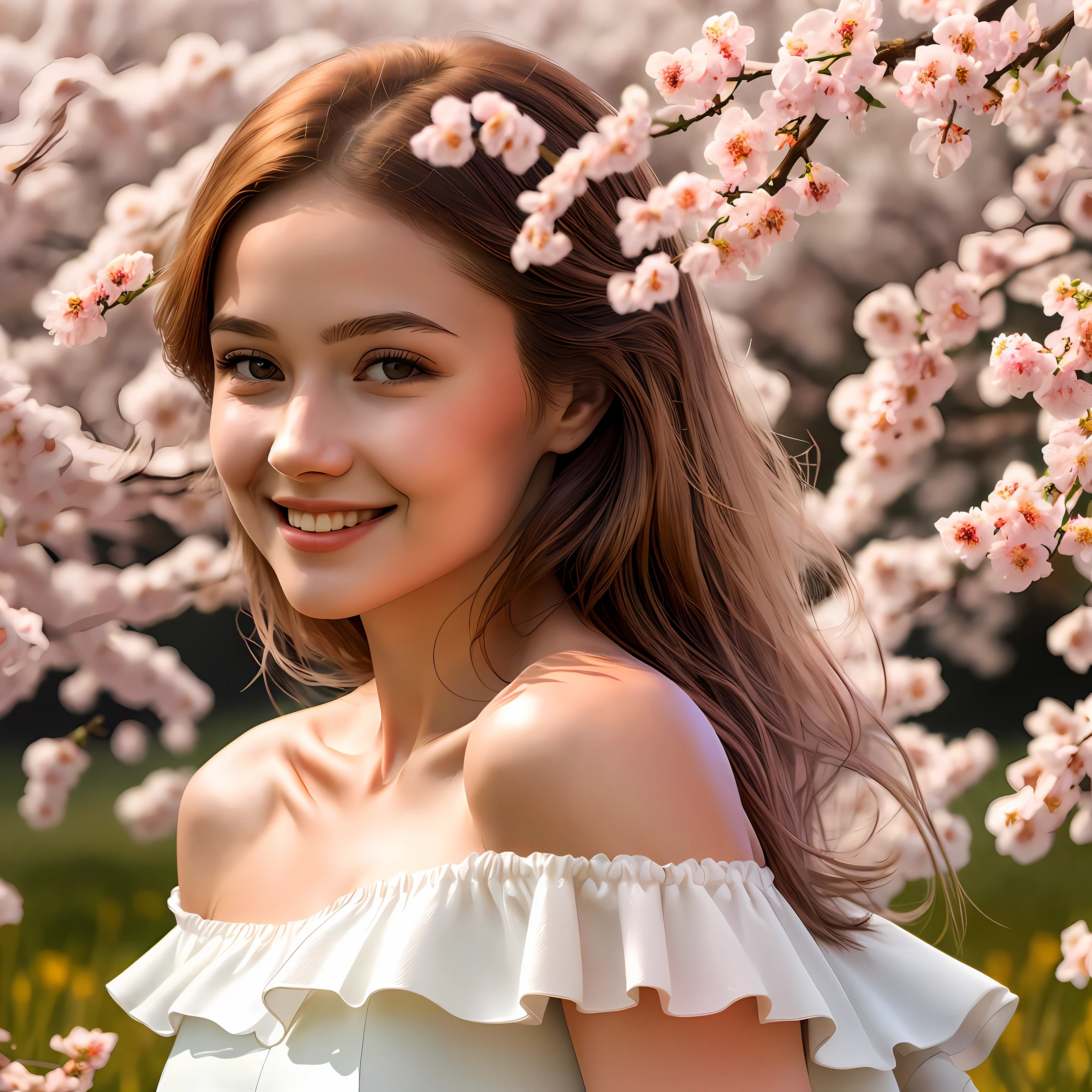 Best quality, masterpiece, ultra high res, (photorealistic:1.4), raw photo, 1girl, white dress, off shoulder, blossom flower field, glowing skin, light smile