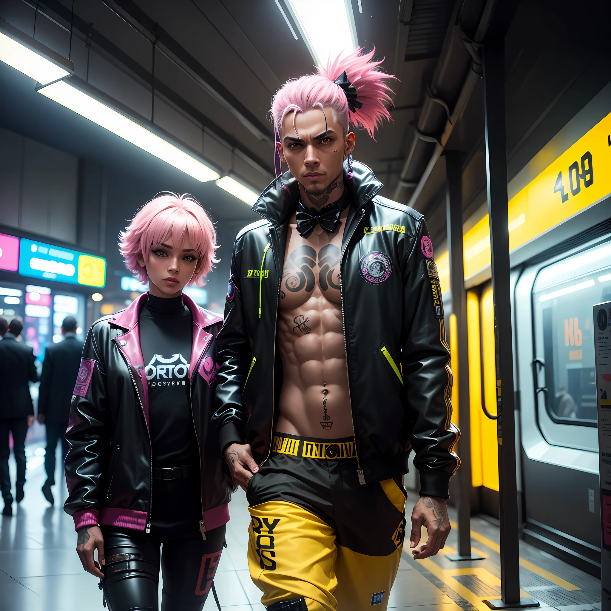 gostaria de uma imagem estilo cyberpunk em 4k de um homem de mais ou menos 50 anos , forte, de pele negra ,com cabelo punk estilo anos 80 na cor amarelo e cinza escuro,muito eLegante,, futurista e estiloso neon , com uma tatuagem super colorida e com neon ,Toattoo, facing a metro station on the platform , with station lights failing in a dimly lit environment, standing dressed in a dark yellow suit with a pink bow tie
