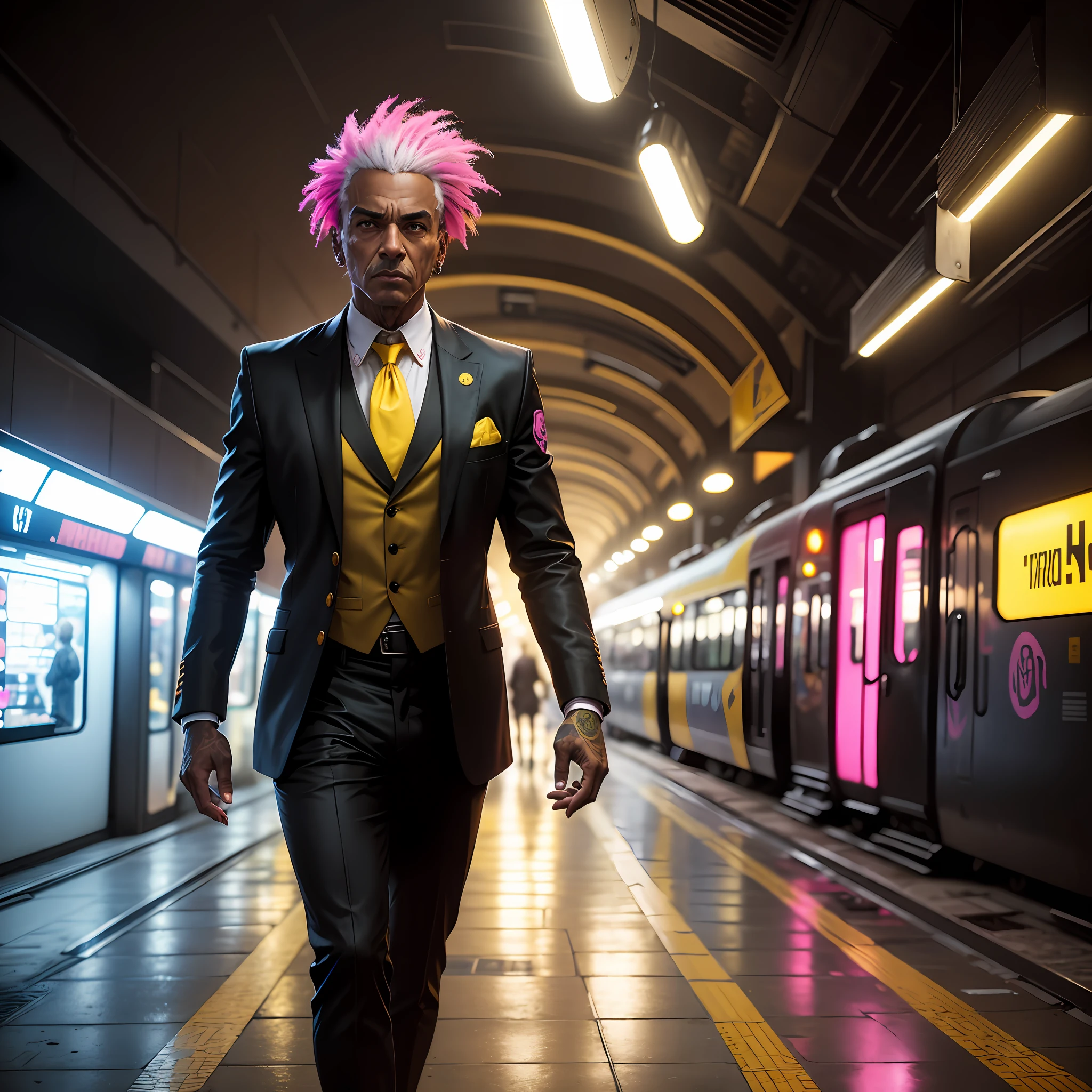gostaria de uma imagem estilo cyberpunk em 4k de um homem de mais ou menos 50 anos , forte, de pele negra ,com cabelo punk estilo anos 80 na cor amarelo e cinza escuro,muito eLegante,,  futurista e estiloso neon , com uma tatuagem super colorida e com neon ,Toattoo, facing a metro station on the platform , with station lights failing in a dimly lit environment, standing dressed in a dark yellow suit with a pink bow tie