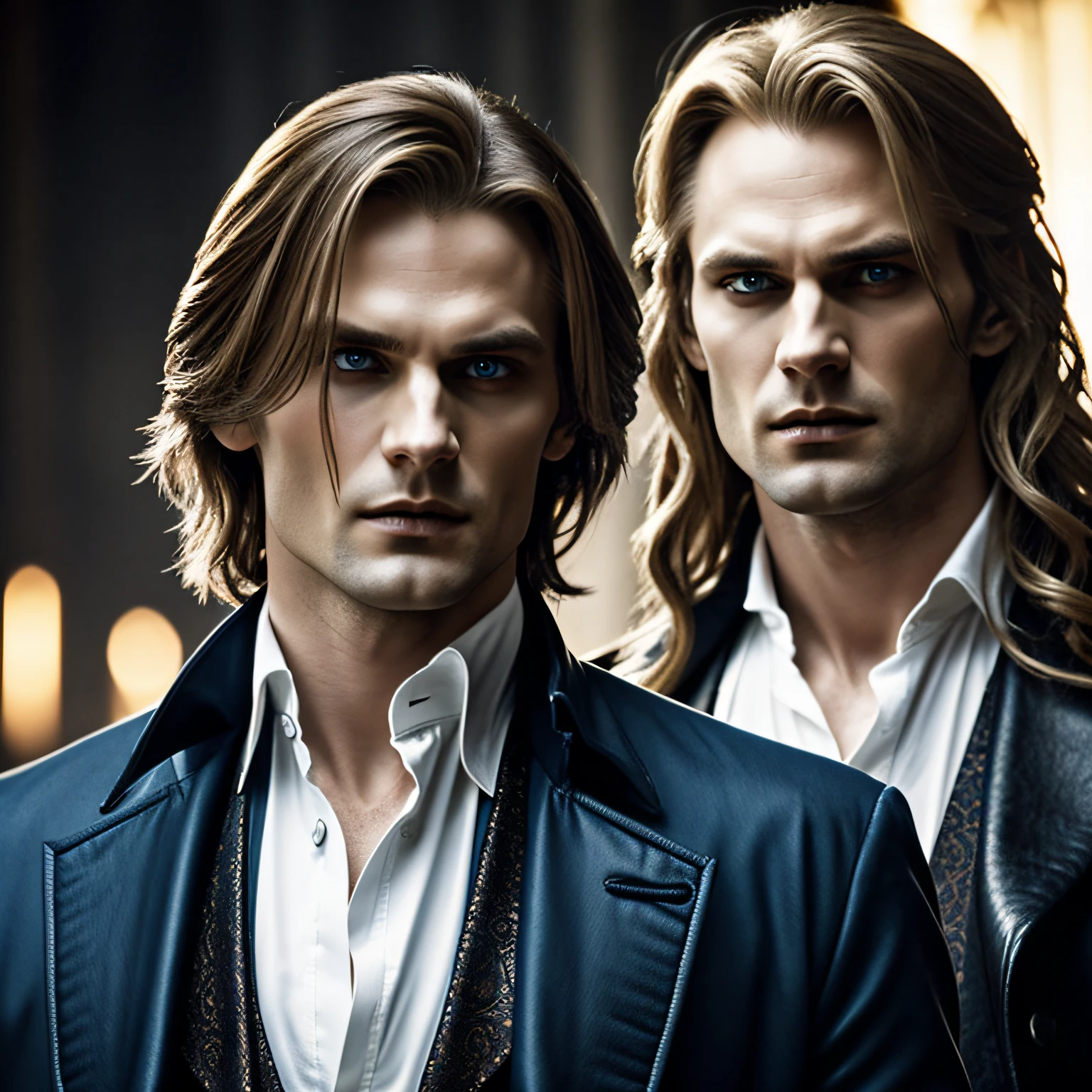 super realistic mage, of the encounter between the vampires Lestat and Eric Northman in a dark and seductive atmosphere. Both vampires should be standing facing each other in a dark night street scene, lit only by the dim light of the crescent moon. Vampire Lestat: Appearance: Lestat is an exuberant vampire, with blond hair that falls elegantly over his shoulders, mesmerizing eyes of intense blue color and an enigmatic smile on his lips. He should be dressed in elegant 18th century clothes, such as a tailcoat, waistcoat and lace shirt, underscoring his charming and aristocratic personality. Vampire Eric Northman: Appearance: Eric is tall, muscular, and has shorter, tousled blond hair. His icy blue eyes reflect his confidence and power as an ancient vampire. He wears modern clothes, such as a black leather jacket and a casual shirt, which enhance his commanding and seductive presence. Setting: The scene takes place on the edge of a cobbled street, with old buildings in the background. Shadows should envelop the characters, giving the image a mysterious and romantic tone. Add subtle details, such as soft smoke rising from the ground or spectral mist, to create a more ethereal, otherworldly ambience. Expressions and Posture: Lestat and Eric must exchange glances full of seduction and mystery. Their faces should express a mixture of fascination and desire, with slightly furrowed brows, parted lips and intense gaze. They may be leaning slightly towards each other, creating an atmosphere charged with tension. Lighting: Lighting is crucial to enhancing the nocturnal, otherworldly feel of the scene. Use low lights and dramatic shadows to highlight the vampires' strong features and deepen the eerie ambience. Colors: Keep the color palette somber, with a predominance of dark and cool tones, such as navy blue, purple, black and gray. This will help create the nocturnal, gothic atmosphere that surrounds these seductive vampires. --auto