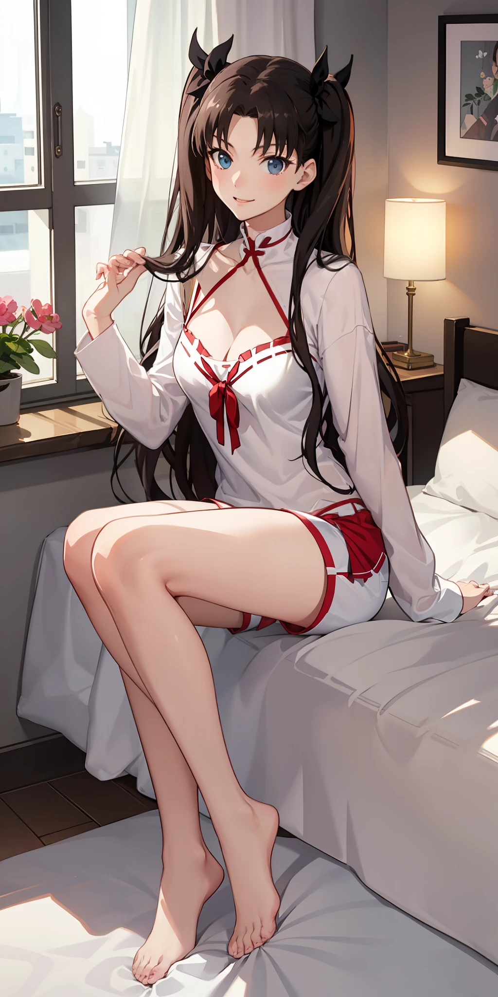 long hair, black hair, medium breast, slim legs, happy, white pajamas, cleavage, bedroom, shorts, rin tohsaka, twin tail, laying