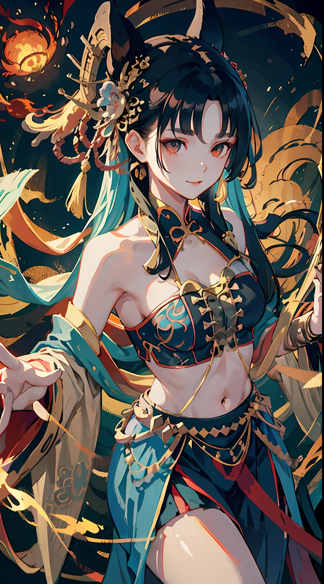 offcial art，统一 8k 壁纸，ultra - detailed，Beauty and aesthetics，tmasterpiece，best qualtiy，（zentangle，tangle，entangle），（s fractal art：1.4），1girl，Weapon in hand，black color hair，chineseidol，cropped shoulders，short  skirt，small thighs，The is very detailed，dynamic angle，cowboyshot，（Chaos in its most beautiful form），flowy，（vivd colour），OC，（A half body：1.2），Chinese big breasts，（thangka flying sky：1.5），（ribbons：1.3），（dream magical：1.5），（Hanfu：1.5），chinesedragon，Chinese Phoenix，（ssmile：0.5 ),(chinese deity),