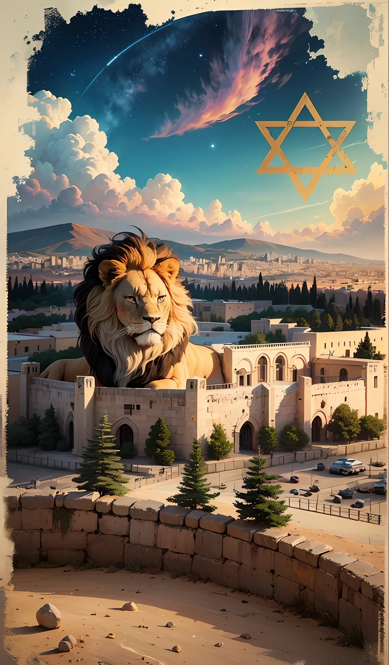 make a picture of the landscape of Jerusalem, in the sky the star of david and the lion of the tribe of judah. Em alta qualidade --auto --s2