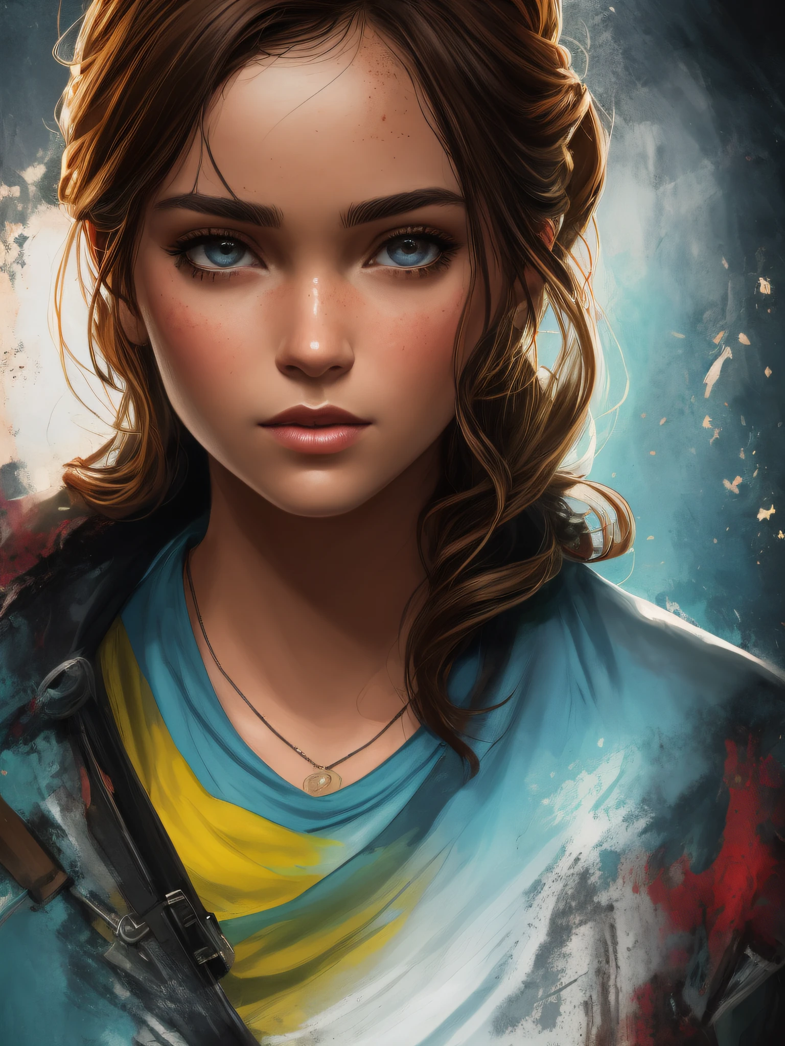 design de camiseta, 2d illustration, Arte centralizada, fundo preto, rosto de EllieThe Last Of Us Game, menina armada, cores goticas, climate of tension and terror, Adobe Illustration, trending on ArtStation, 8k, disco Rigido, obra-prima, magnificent art, detalhes intrincados, -