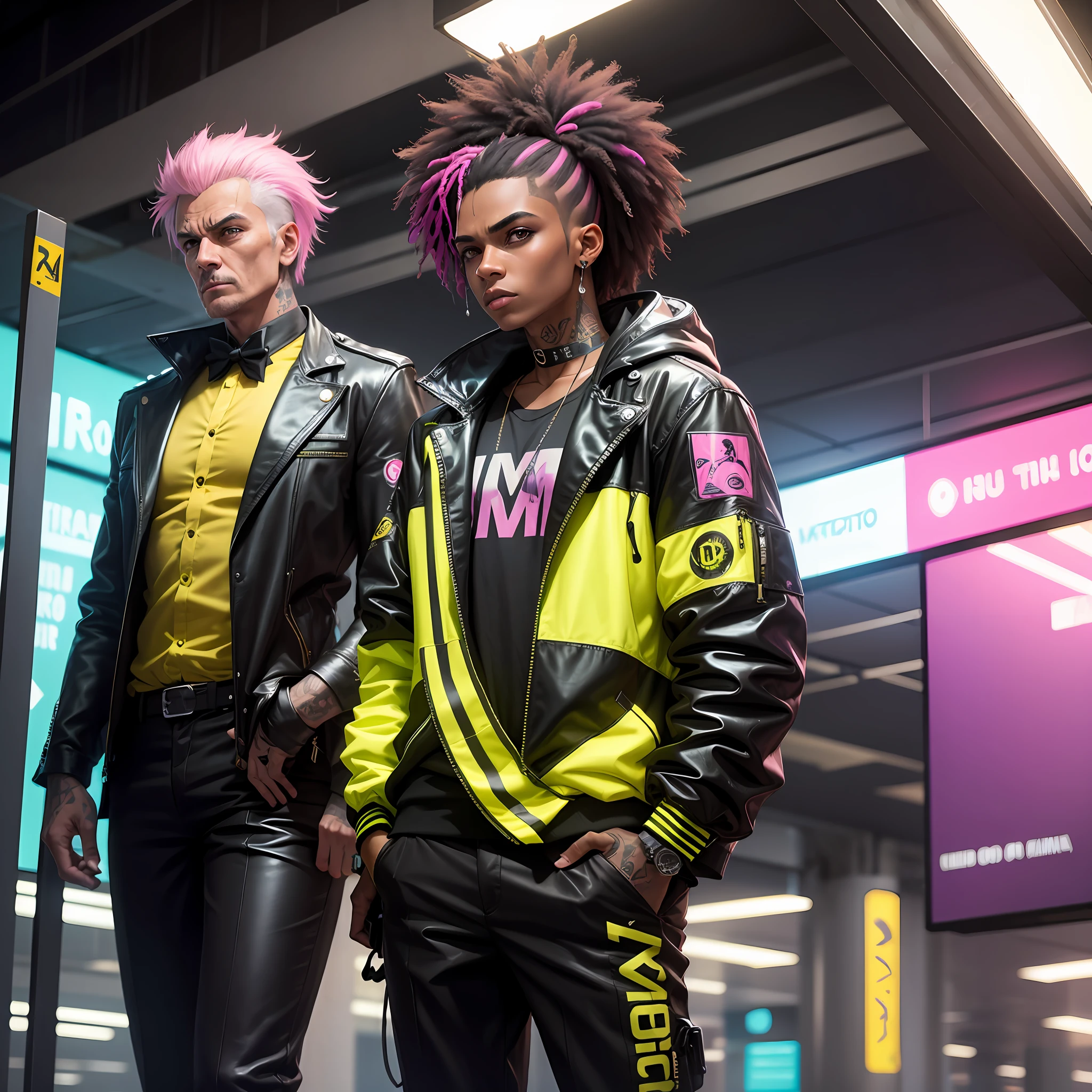 gostaria de uma imagem estilo cyberpunk em 4k de um homem de mais ou menos 50 anos , forte, de pele negra ,com cabelo punk estilo anos 80 na cor amarelo e cinza escuro,muito elegante,, futurista e estiloso neon , com uma tatuagem super colorida e com neon ,Toattoo, facing a metro station on the platform , with station lights failing in a dimly lit environment, standing dressed in a dark yellow suit with a pink bow tie