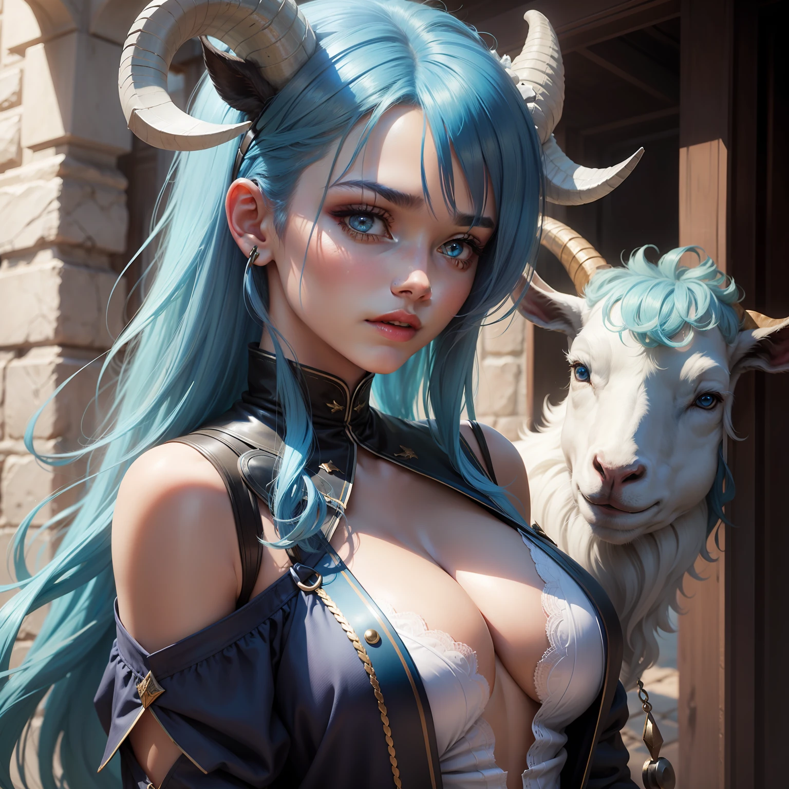 a young woman with blue hair and goat horns