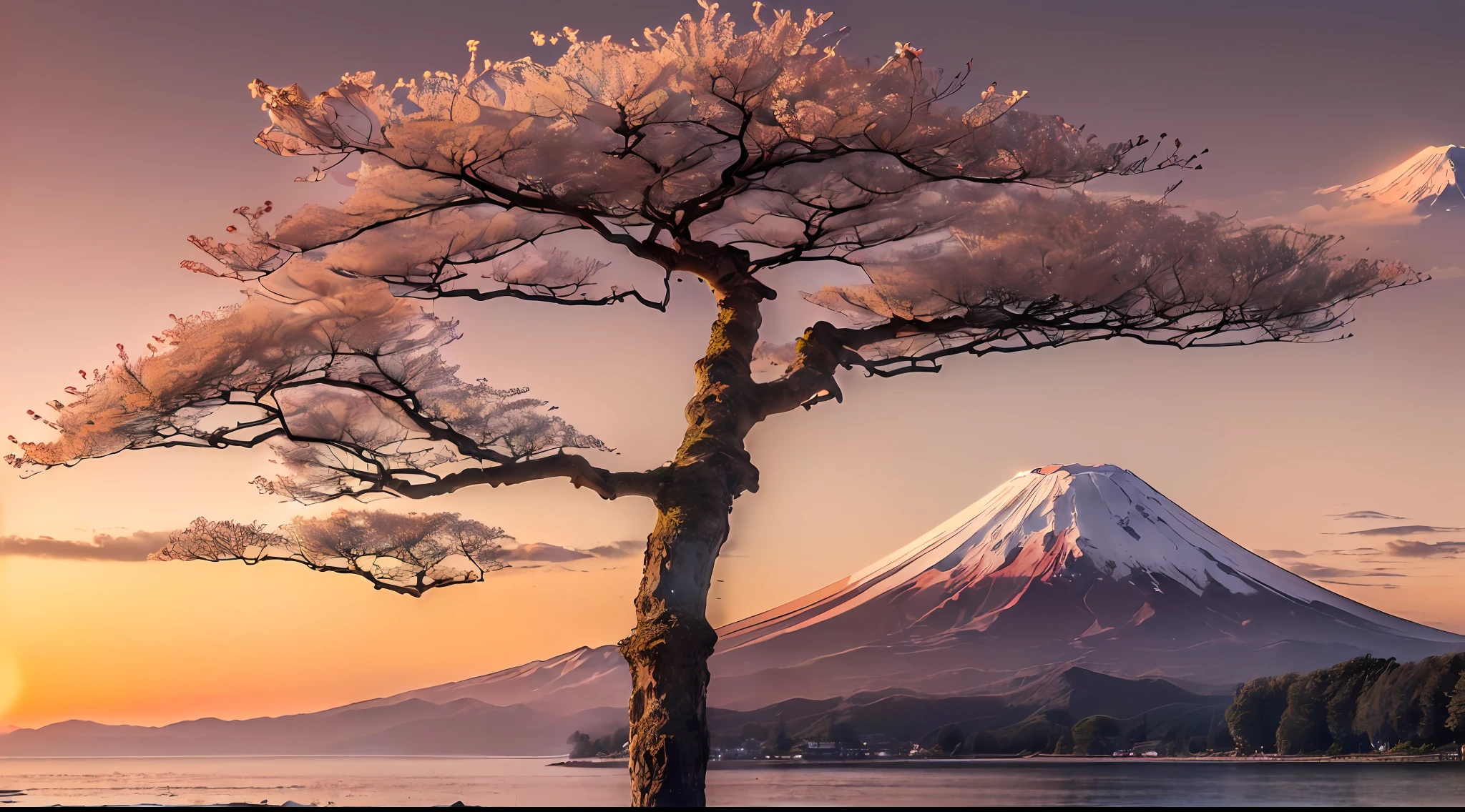 (masterpiece, high resolution, photo-realistic:1.4), (capturing the awe-inspiring Mount Fuji at sunset:1.3), (the sky painted in hues of orange, pink, and gold:1.2), (the sun gracefully setting behind the mountain:1.2), (Mount Fuji's distinct symmetrical cone rising majestically:1.3), (the surrounding landscape adorned with vibrant greenery:1.2), (a peaceful lake reflecting the mountain's beauty:1.2), (gentle ripples adding a touch of tranquility:1.1), (Canon EOS R5 mirrorless camera:1.2), (paired with a Canon RF 24-70mm f/2.8L IS USM lens:1.2), (capturing every intricate detail of the landscape:1.2), (celebrating the natural wonder of Mount Fuji:1.1), (a mesmerizing panoramic shot capturing the essence of Japan's beauty:1.3).