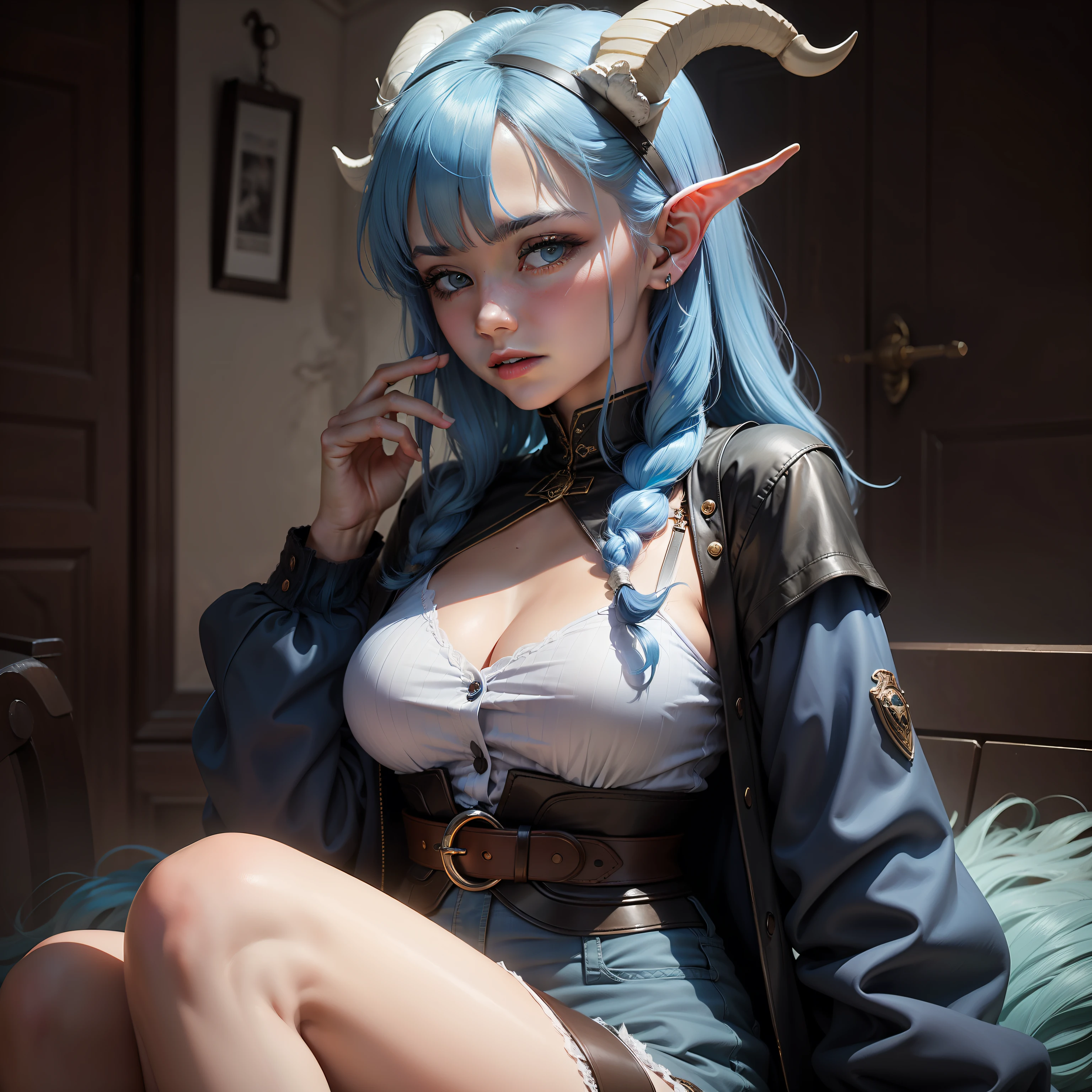 a young woman with blue hair and goat horns