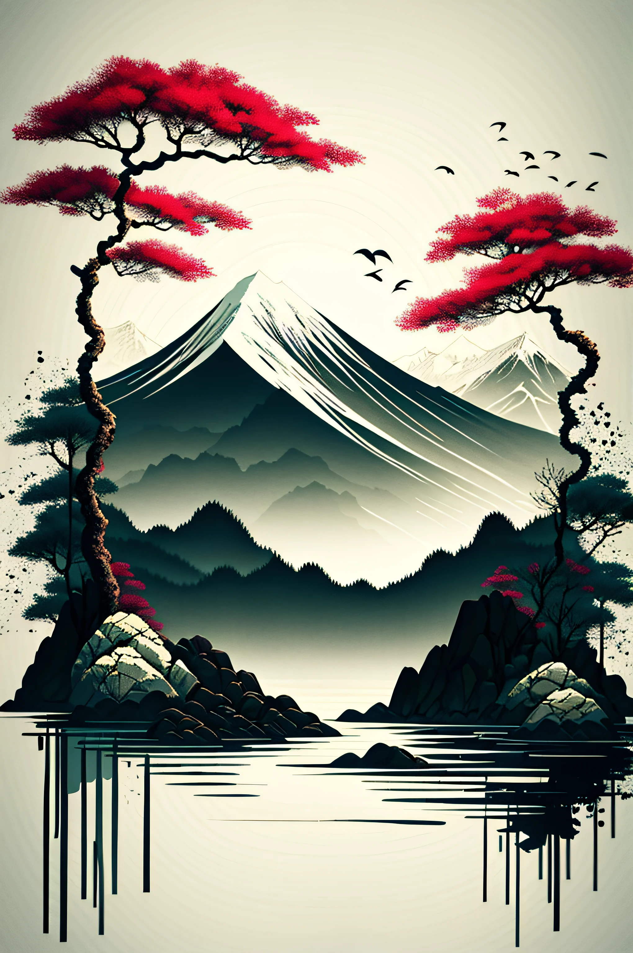white background, scenery, ink, mountains, water, trees