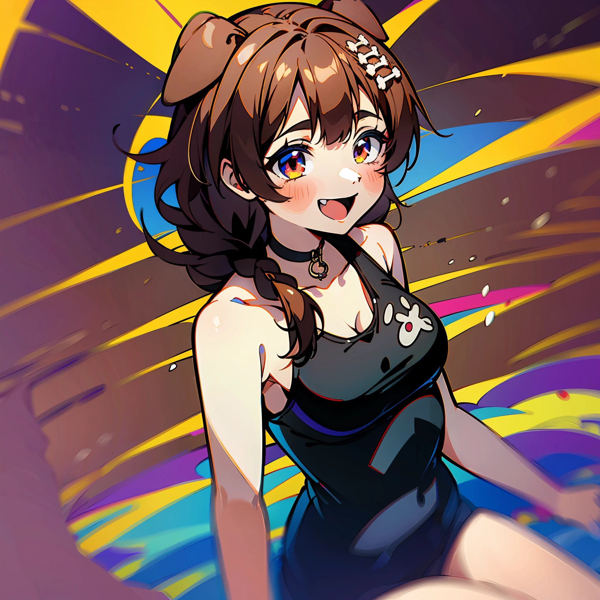 1 mujer, , obra maestra, La mejor calidad, anime, ojos altamente detallados, Cara altamente detallada, perfect ilumination, Disparo de vaquero, pies fuera de marco, 1girl, solamente, Korone, Inugami Korone, hololive, Youtuber Virtual, brown eyes, brown hair, orejas de perro, Cola de perro, Dog girl, trenza baja, trenzas gemelas, adorno para el cabello,one-piece bathing suit,Black swimsuit, They are smiling,
