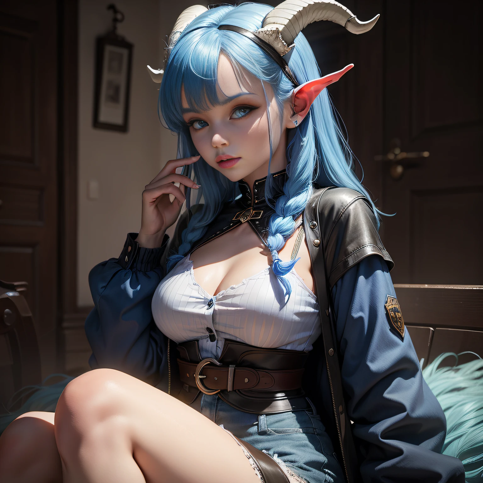 a young woman with blue hair and goat horns