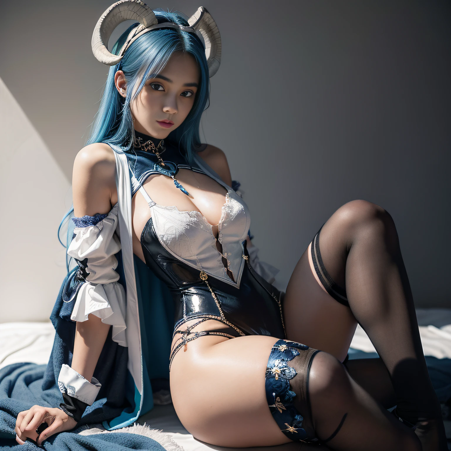 a young woman with blue hair and goat horn woman's clothing consists of a black bodysuit covering her body with the rest of the outfit with white accents around the neckline and white sleeves as well as some light detailing blue near the bottom . On her feet, she wears black leggings with white laces running down her thighs that match the color scheme of her outfit perfectly. purple eyes beautiful face, blue background, a golden bell hanging around the neck