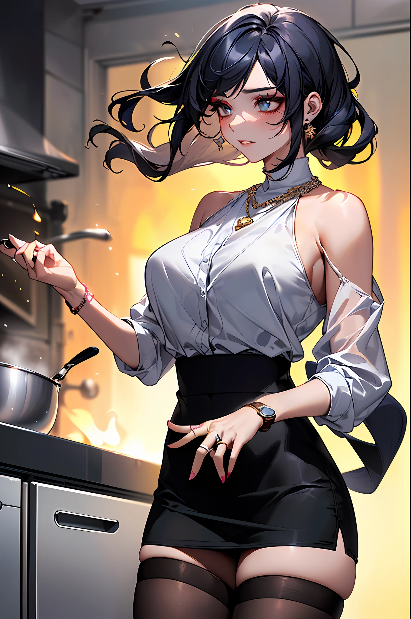Morning,Black color hair,(best qualtiy,8K,tmasterpiece),(in a kitchen,Cooking while standing,Capture),(A pretty maiden,having fun,cabelos preto e longos,Long messy hair,curlies,Huge eyes:1.3,Long eyelashes,Delicate makeup:1.4,Sexy lips,Blushlush),(Exquisite watches,Reflective necklace,Bulgari's earrings,Bulgari's ring),(in a kitchen,Cooking while standing,Capture),(Fashionable outfits,Wear loose white clothing,baggy clothes,cropped shoulders,),(middle breasts,endure),(Black oily transparent stockings),(Very short skirt,Superskirt),Light ripe,Royal Sister,Best light,Best shadow,电影灯光,28 years old,1girll,Need,(realskin,Supple skin)Ray traching,Unreal Engine 5,Reflective skin,Digital illustration,Game CG characters,super model,(kpop,heartthrob),(Body edge lighting,Colored light sources are around),There is wind blowing hair,Looking into the distance
