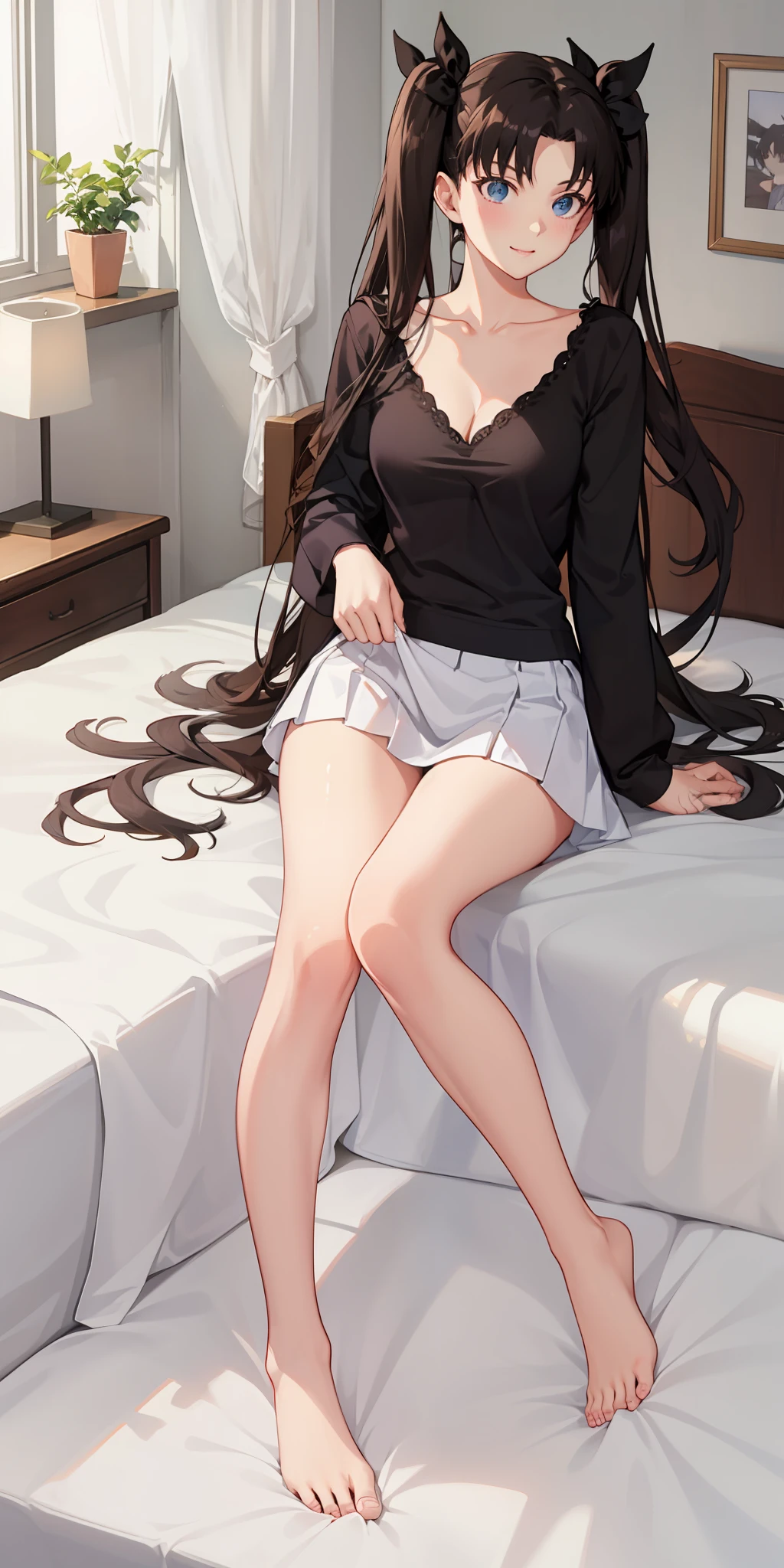 long hair, black hair, medium breast, slim legs, happy, white pajamas, cleavage, bedroom, short skirt, rin tohsaka, twin tail, laying