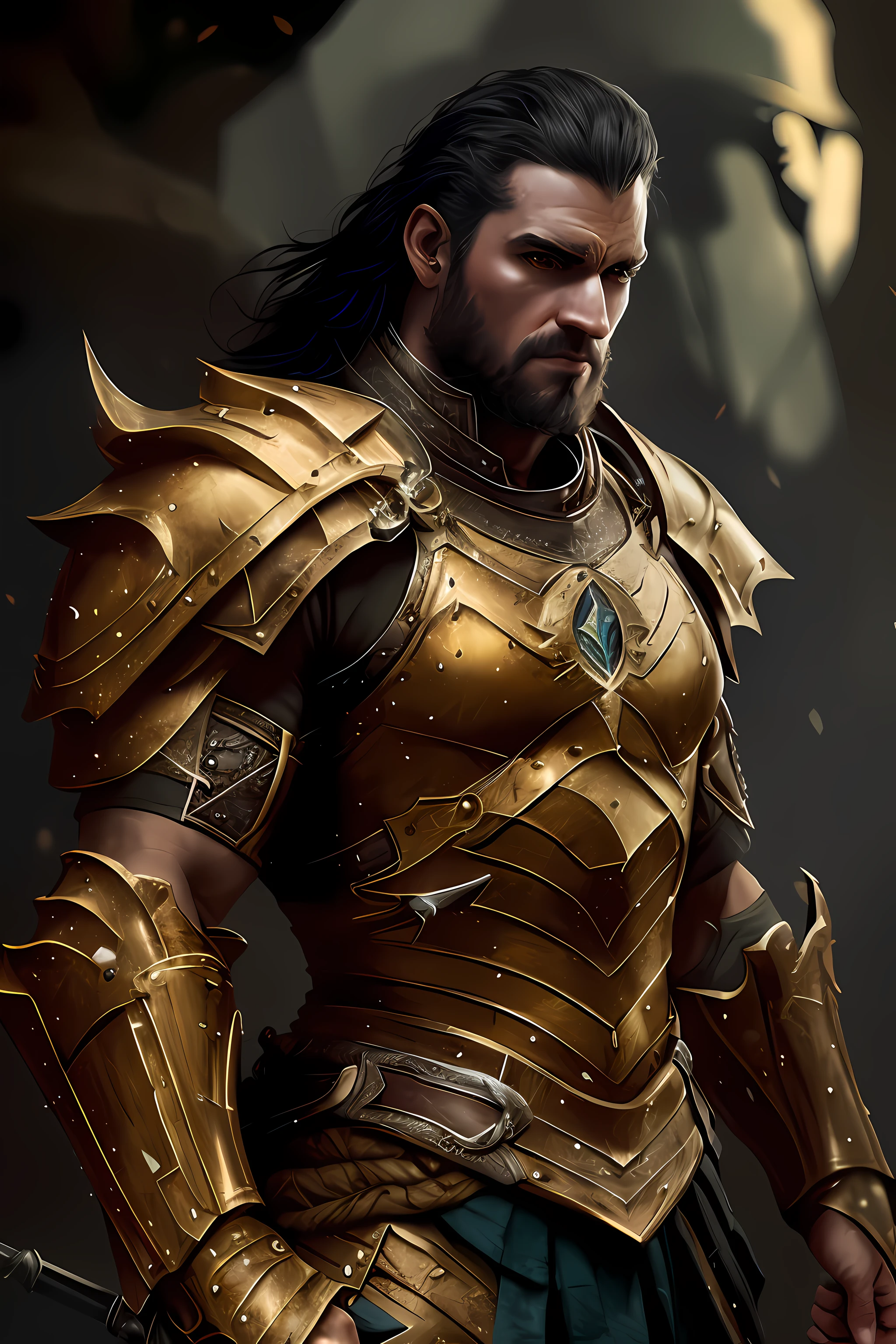 Arafed homem em armadura com uma espada e uma espada, atraente macho de carne com armadura, armadura pesada de ouro. Dramatic, Tuomas Korpi e Wlop, Wojtek FUS, guerreiro de fantasia em armadura completa, de warcraft, imagem de um guerreiro masculino adulto, macho atraente com armadura, trending in cgsociety, Amazing 8K character concept art