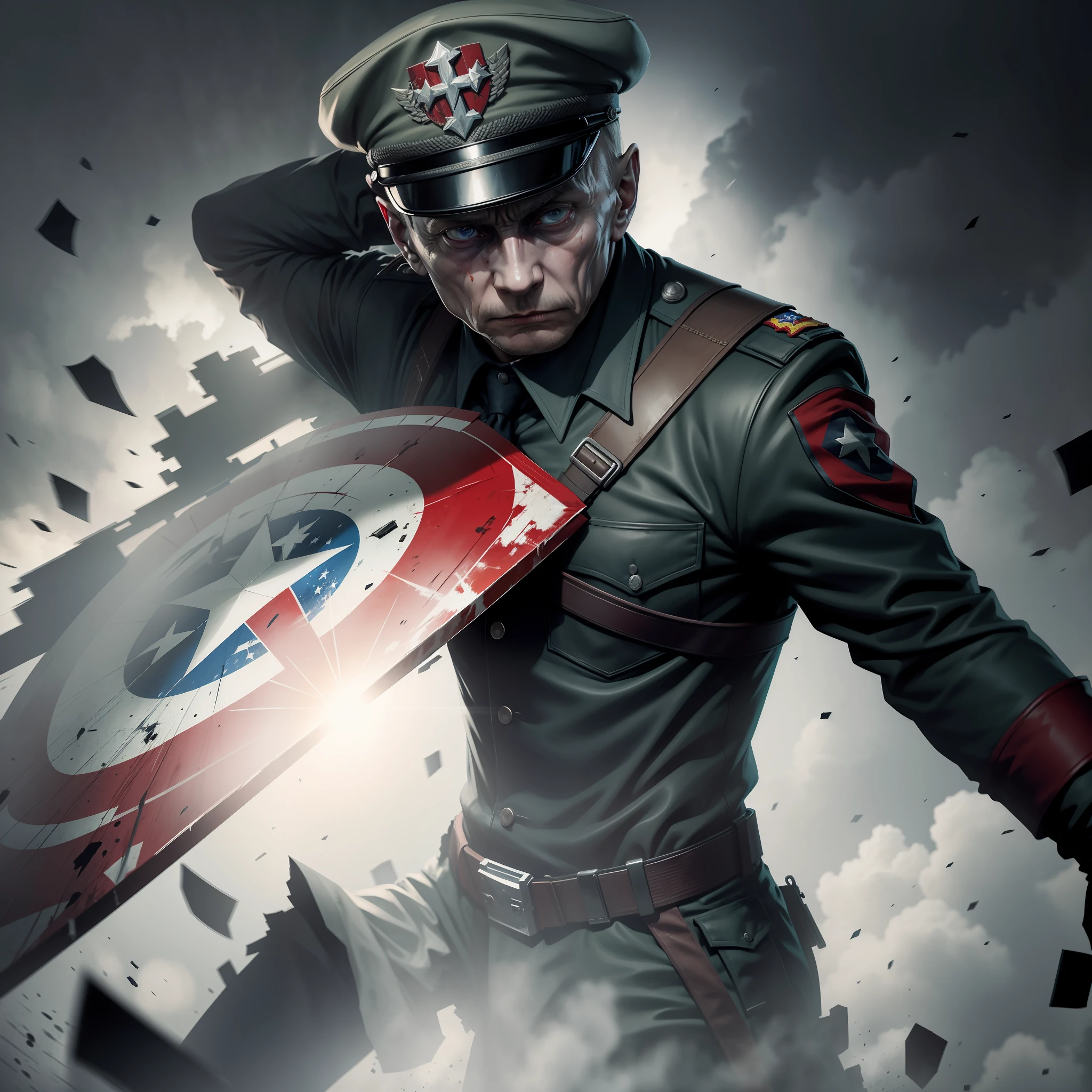 Image of a zombie Vladimir Putin, in a  uniform, sweating heavily, with the captain america shield, cap with the flag of the United States in ultra definition, 8k, super realistic, super realistic lines, looking at the camera, cinematographic, movie scene, in an ultra realistic background of the apocalypse