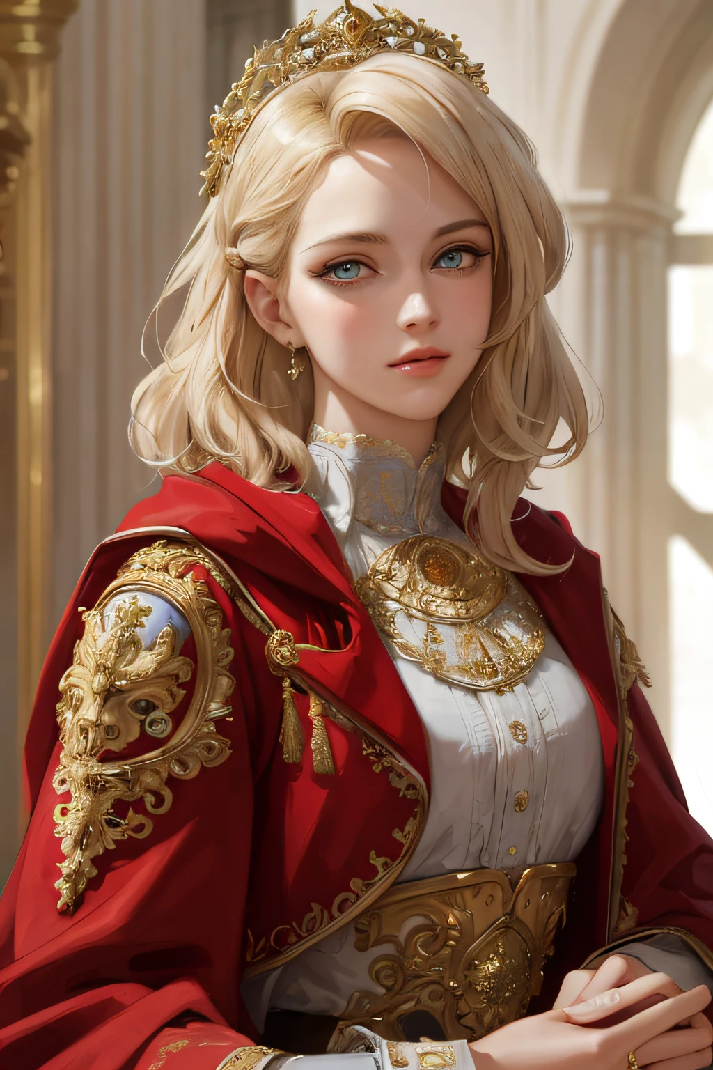 (masterpiece: 1.2, best quality), realistic, (real picture, complex details, depth of field), best quality, masterpiece, high detail, semi-realistic, 1 girl, adult woman, 21 years old, with short golden hair, eyes covered with hair on the left, blue eyes, royal clothes, red cloak, slim figure