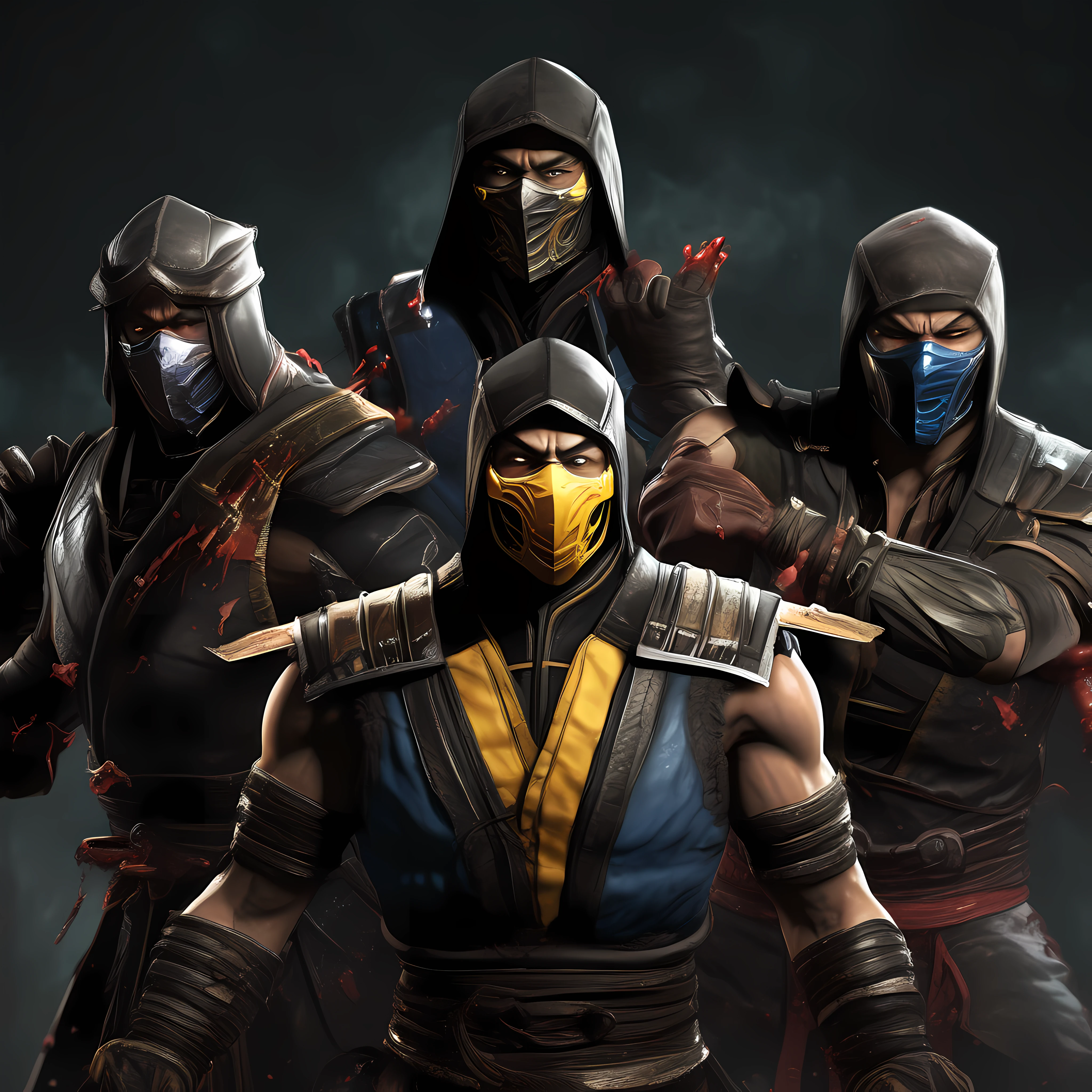 All Mortal Kombat characters in fighting position, peses de ataque, with a lot of blood and violence, HDR (High Dynamic Range), Ray Tracing, NVIDIA RTX, Super-Resolution, Unreal 5, Espalhamento subsuperficial, PBR texturing, Post-processing, anisotropic filtering, Profundidade de campo, Maximum clarity and sharpness, Texturas multicamadas, mapas especulares e de albedo, surface shading, Accurate simulation of light-material interaction, perfectly proportions, Octane rendering, dual-tone lighting, ISO baixo, white-balance, rule of thirds, aeratura, 8K RAW, sub-pixel eficiente, sub-pixel convolution, luminescent particles,