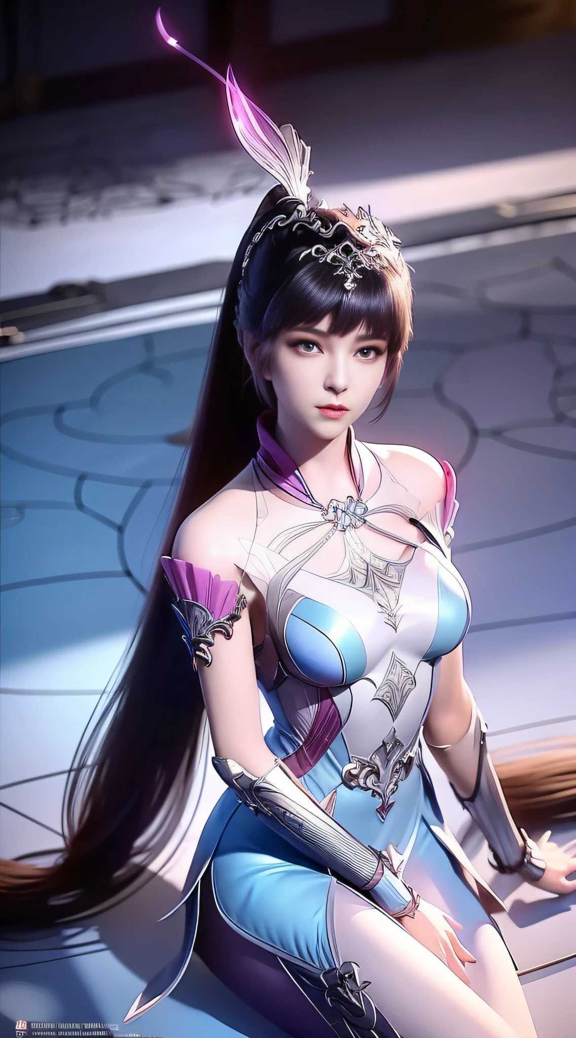 Close-up of a woman in a silver blue dress，Cheng Weipan Art Station，Xiuxian sense of technology，detailed fantasy art，Stunning character art，Epic and refined character art，beautiful armor，Extremely detailed artistic germination，detailed digital anime art, Artgerm on the art station Pixiv，Armor Girl，Exquisite and intricate headwear and jewelry，Long legs，Sit cross-legged