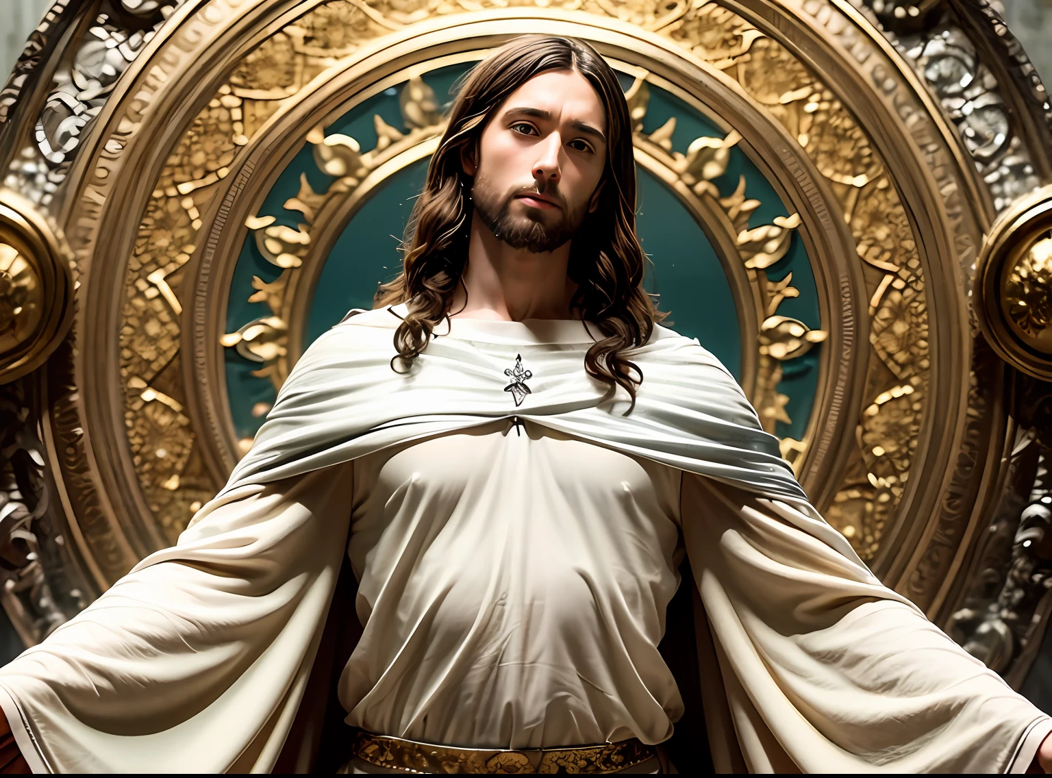 Jesus with long hair pale man with a silver garment and with a golden scale
