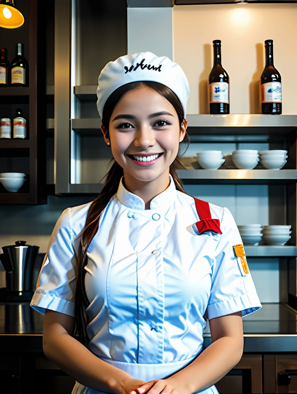 high_quality, melhor qualidade, obra-prima, 1girl, waitress with chef's hat, olhando para o espectador, (sorriso: 1.1),