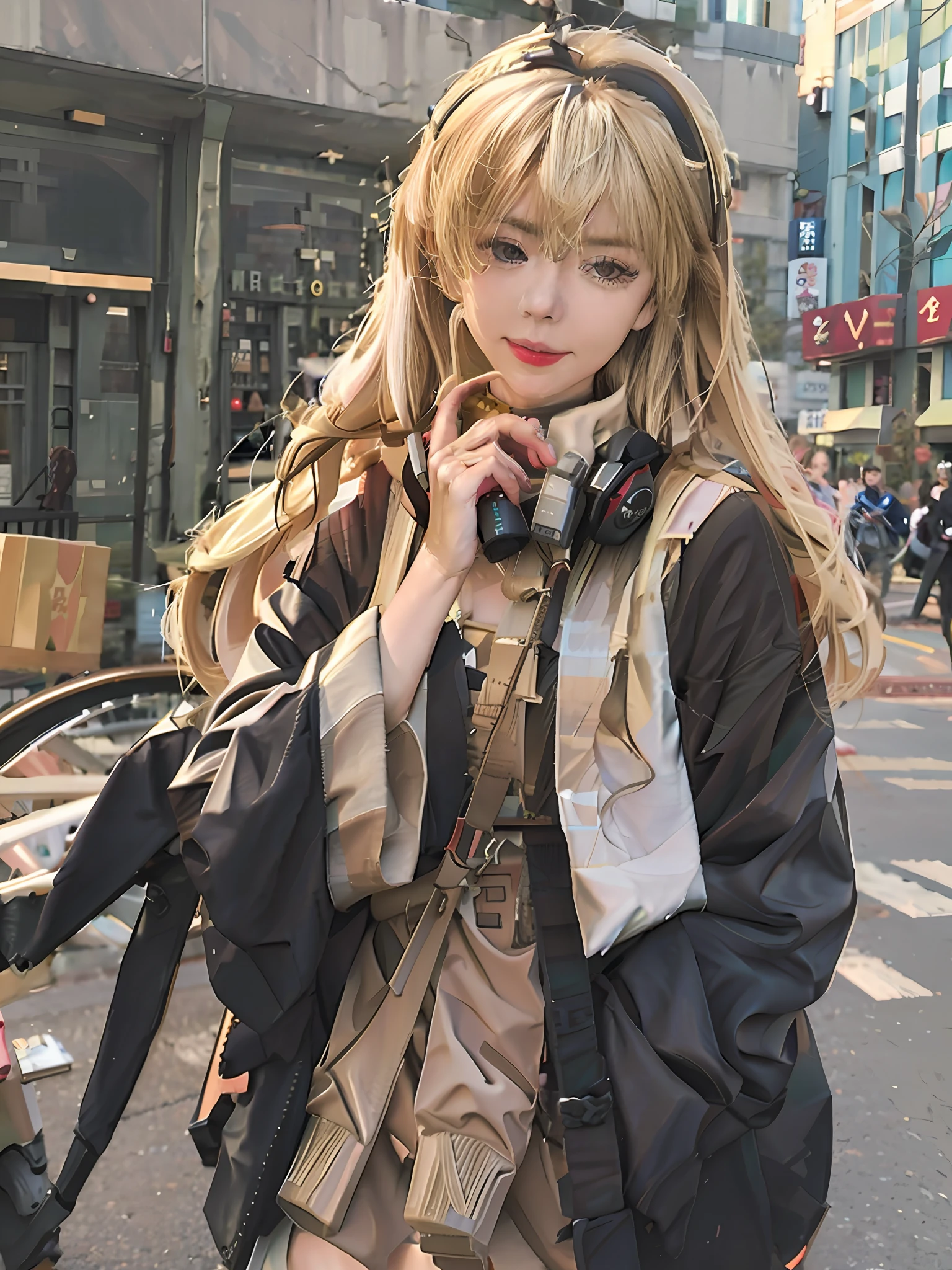 Realistic girl wearing headphones walking down the street, Guviz-style artwork, Cute girl, Attractive pure girl, Anime style. 8K, long blonde haired girl, Girl with long hair, Nice realistic girl, Portrait of a realistic girl, Beautiful anime girl, Beautiful and realistic portrait, Young reality TV girl, Anime style 416K, A teenage girl