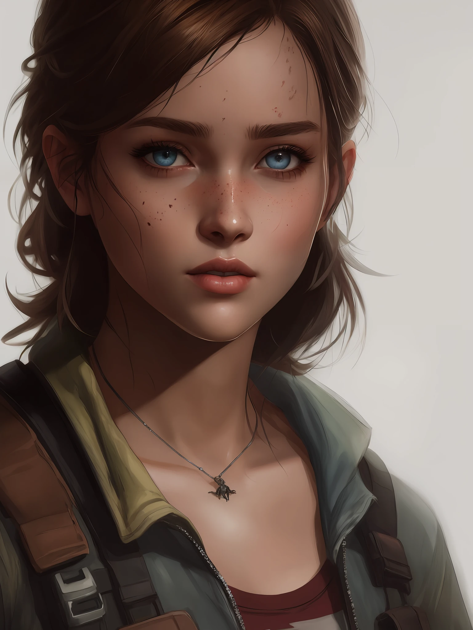 (melhor qualidade) uma foto em preto e branco de uma , com os olhos bem azuis, com um olhar vingativo e arredondados, olhos azuis escuro, Ellie (last of us), Ellie, the Last of Us, a scorpion scar on the forehead, arte digital de videogame, Art not Guweiz style, Luscious ) In The Last of Us, Wojtek FUS, arte do retrato do personagem, last of us, retrato da arte do personagem, Iconic character of high detail, Pintura Digital HD