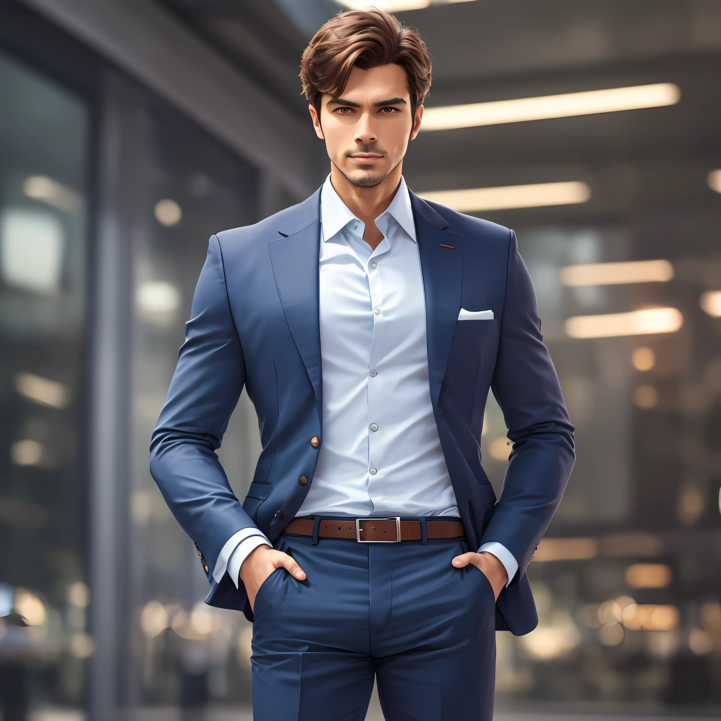 A very attractive businessman, with elegant clothes and an imposing posture, in a luxurious and modern environment, with evidence of success and prosperity in his business.hultra realistic camera cannon