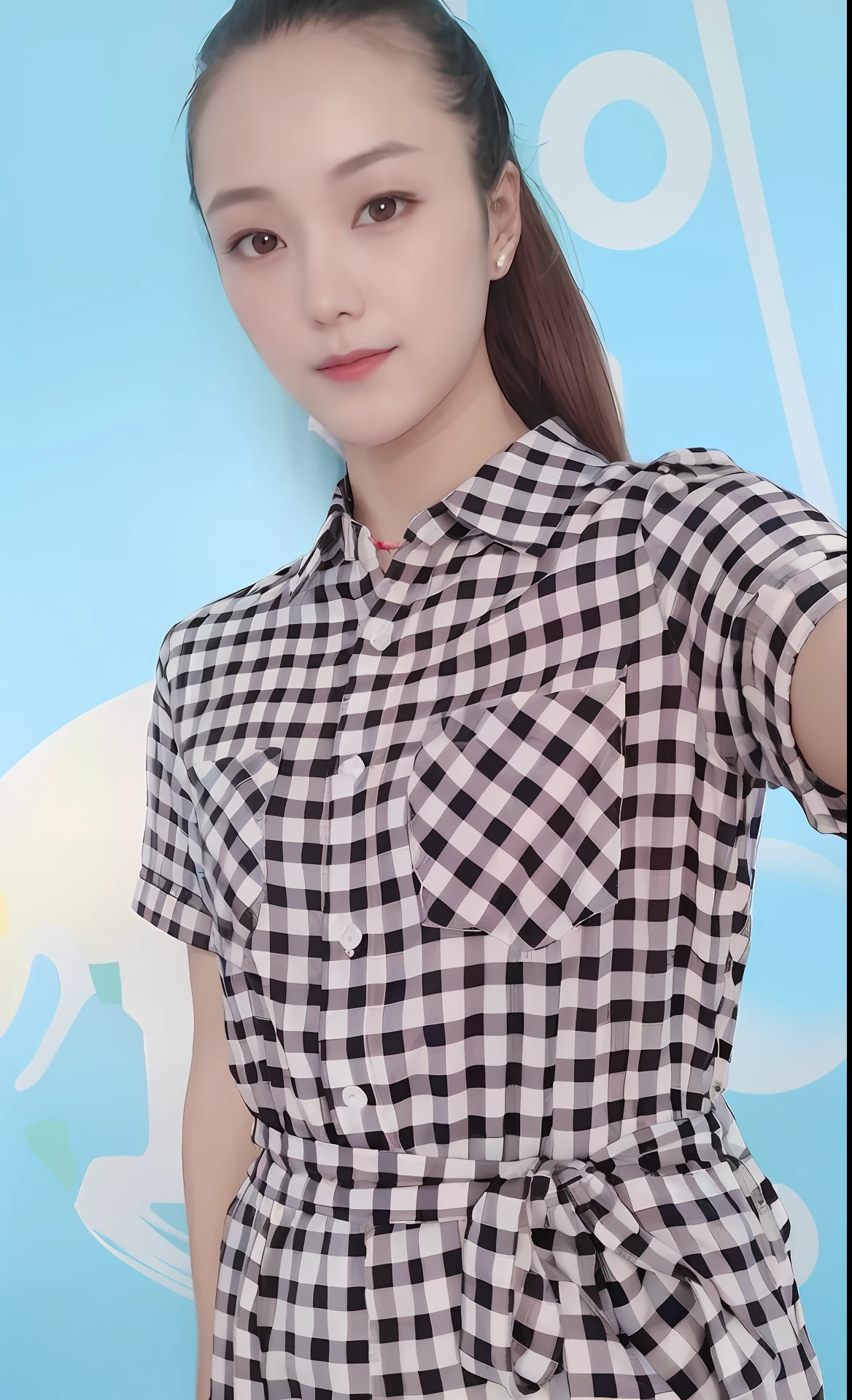Close-up of a woman in a black and white plaid shirt, Ruan cute vtuber, dilraba dilmurat, ulzzangs, xintong chen, inspired by Ma Yuanyu, 8k selfie photograph, Korean girl, Cai Xukun, wearing shirt, Black and white color, full-body xianxia