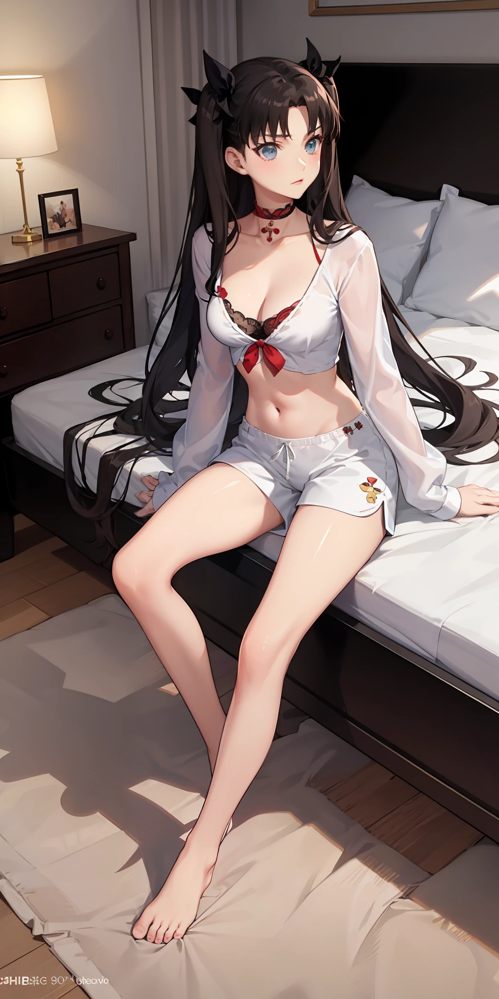 long hair, black hair, medium breast, slim legs, white pajamas, cleavage, bedroom, shorts, rin tohsaka, twin tail, ahegou, rolling eyes,