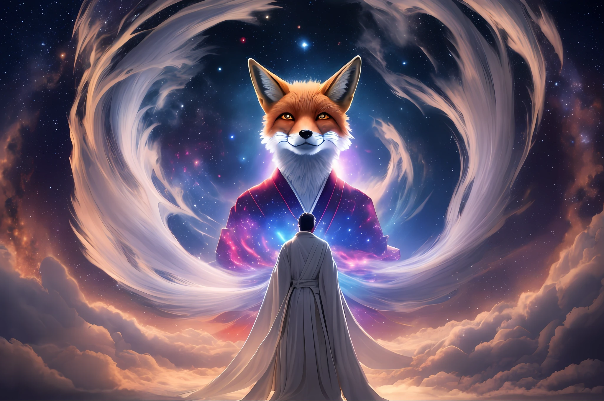A beautiful fox spirit dressed in a flowing white Chinese robe finds himself originating a new galaxy with his power... Image captures fox spirit standing gracefully on the surface of the stars., Surrounded by galactic clouds and fog that give an otherworldly quality to the scene. The long white hair and robes of the fox spirit are blown away by the solar wind, agregando movimiento y fluidez a la imagen. Use Midjourney's advanced brush tools to create intricate folds and textures on the fox spirit's robes and hair, and experiment with different color palettes and brush strokes to bring out the ethereal quality of the scene. The beauty of the fox's spirit is enhanced by the way its image is sometimes obscured by the surrounding mist......., which gives the scene a sense of mystery and charm.... Con las poderosas herramientas de Midjourney, You can bring this captivating and ethereal scene to life with incredible detail and beauty.....
HDR, (fotorrealismo, Calidad de obra maestra, mejor calidad), TRONO_Flynn