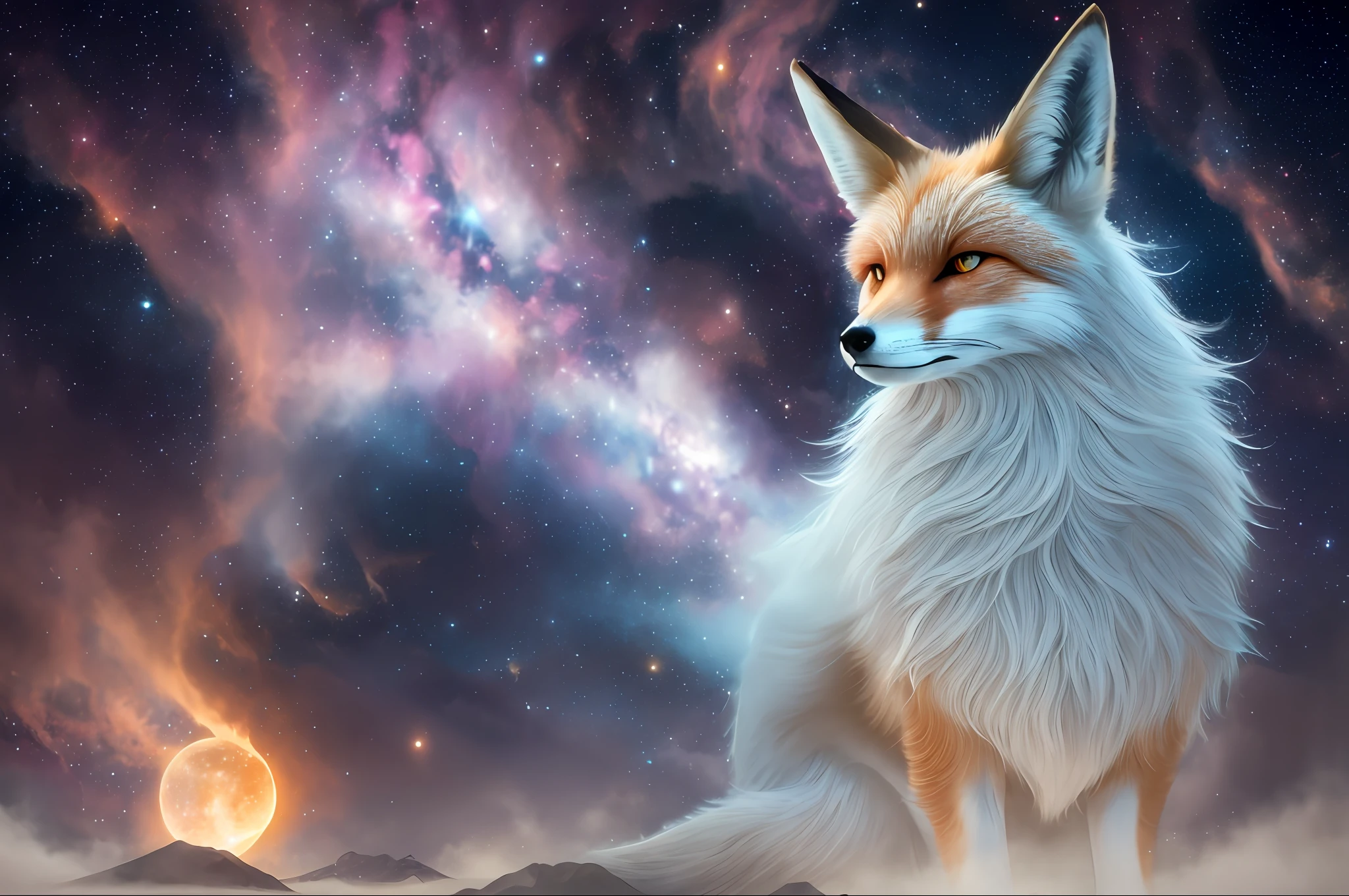 A beautiful fox spirit dressed in a flowing white Chinese robe finds himself originating a new galaxy with his power... Image captures fox spirit standing gracefully on the surface of the stars., Surrounded by galactic clouds and fog that give an otherworldly quality to the scene. The long white hair and robes of the fox spirit are blown away by the solar wind, agregando movimiento y fluidez a la imagen. Use Midjourney's advanced brush tools to create intricate folds and textures on the fox spirit's robes and hair, and experiment with different color palettes and brush strokes to bring out the ethereal quality of the scene. The beauty of the fox's spirit is enhanced by the way its image is sometimes obscured by the surrounding mist......., which gives the scene a sense of mystery and charm.... Con las poderosas herramientas de Midjourney, You can bring this captivating and ethereal scene to life with incredible detail and beauty.....
HDR, (fotorrealismo, Calidad de obra maestra, mejor calidad), TRONO_Flynn
