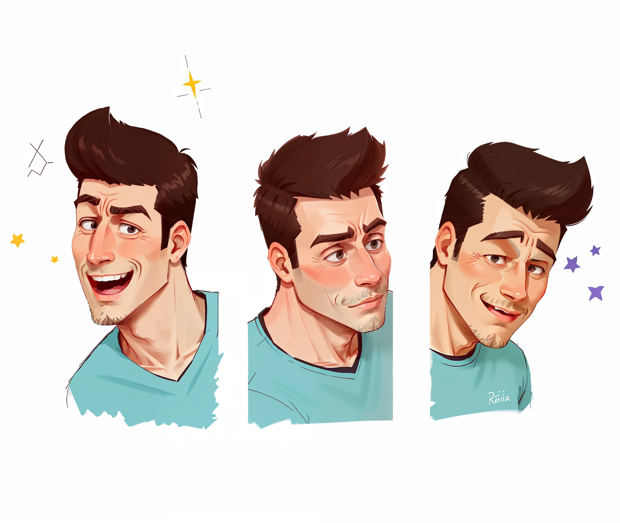 There are three different faces of a man with a smile, reviravolta de rosto, Expressions, tristeza , sono .