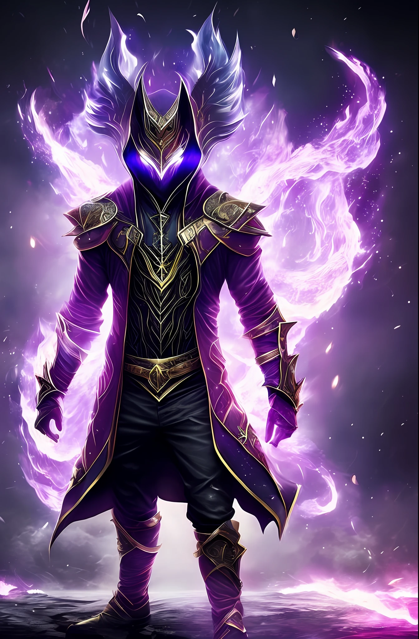 Attack pose, Black aura, purple and black Fantasy game suit, purple fire, male creature, darking background, no mask, perfect facial, High details, glitter, reflection, rain --auto