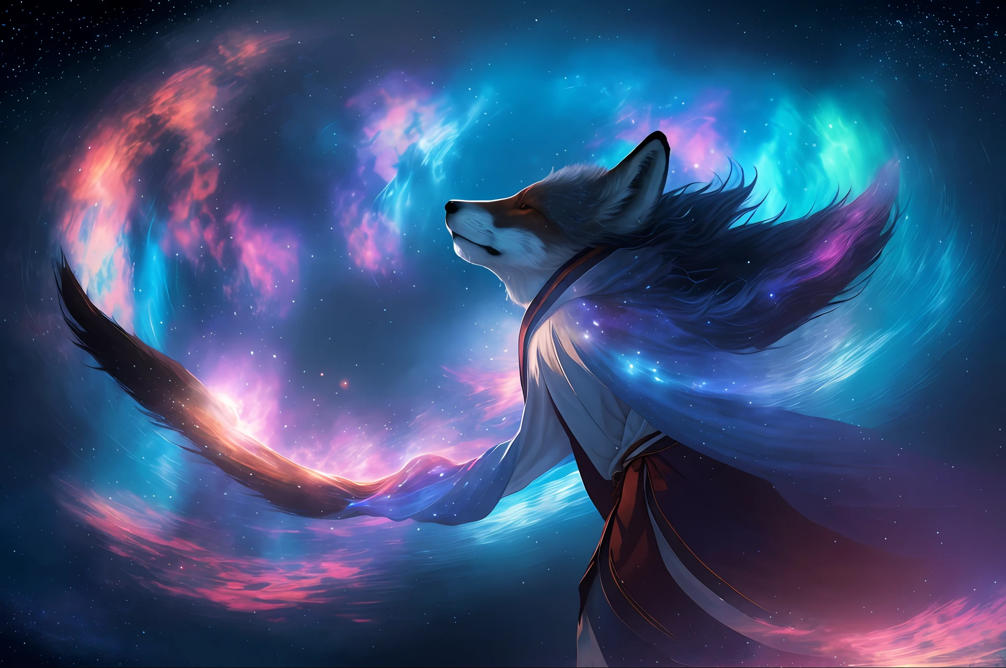 A beautiful fox spirit dressed in a flowing white Chinese robe finds himself originating a new galaxy with his power... Image captures fox spirit standing gracefully on the surface of the stars., Surrounded by galactic clouds and fog that give an otherworldly quality to the scene. The long white hair and robes of the fox spirit are blown away by the solar wind, agregando movimiento y fluidez a la imagen. Use Midjourney's advanced brush tools to create intricate folds and textures on the fox spirit's robes and hair, and experiment with different color palettes and brush strokes to bring out the ethereal quality of the scene. The beauty of the fox's spirit is enhanced by the way its image is sometimes obscured by the surrounding mist......., which gives the scene a sense of mystery and charm.... Con las poderosas herramientas de Midjourney, You can bring this captivating and ethereal scene to life with incredible detail and beauty.....
HDR, (fotorrealismo, Calidad de obra maestra, mejor calidad), TRONO_Flynn