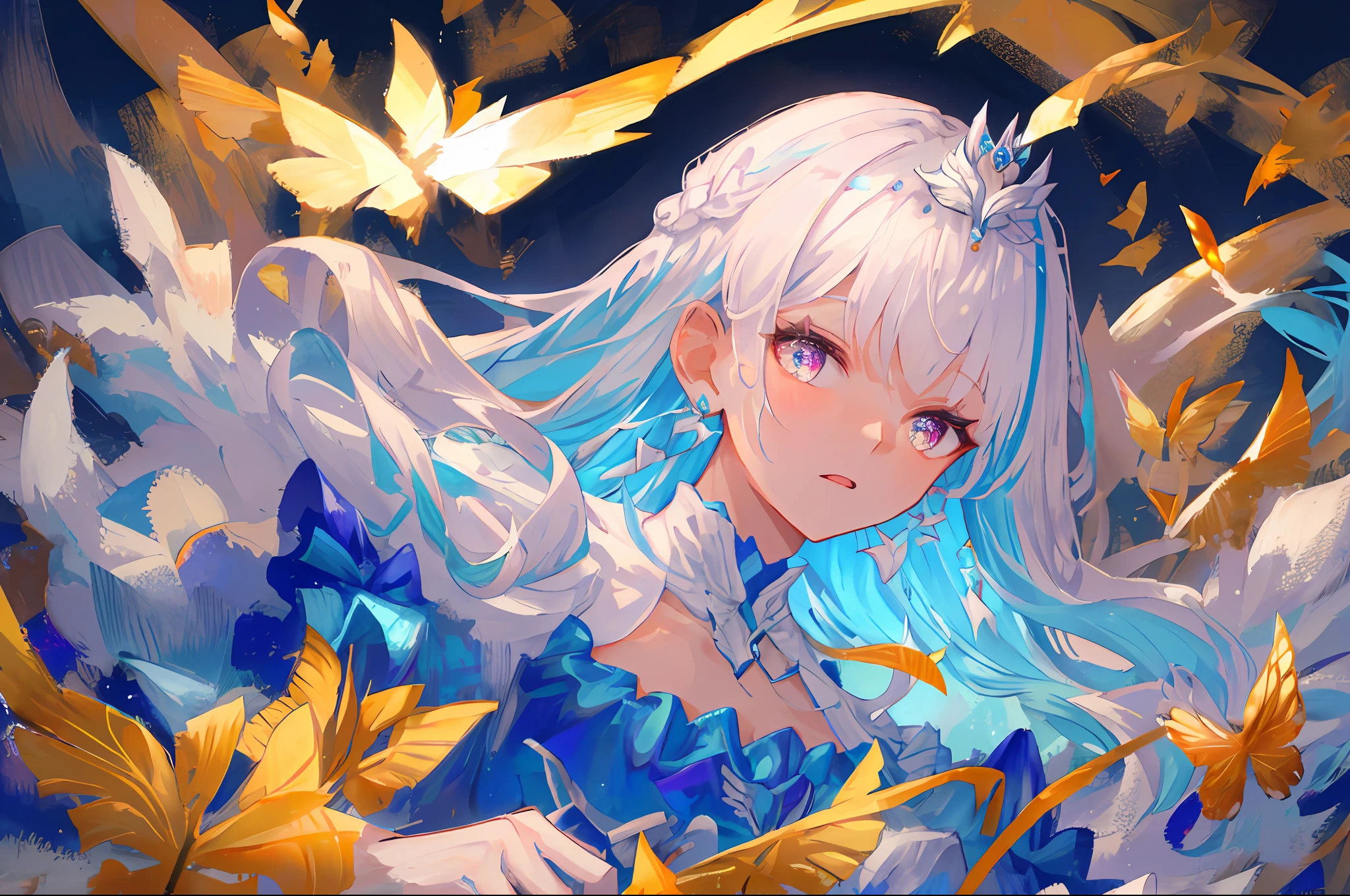 masterpice, (best quality), ((best detailed)), depth of field, a beautiful girl, beautiful face, nature, spirit, blossom, colorful landscape, flowers, butterflys, glowing dress, elements, pure soul girl, lh1, long hair, tiara, blue dress, jewelry, white gloves, earrings, choker, frills, braid, puffy short sleeves
