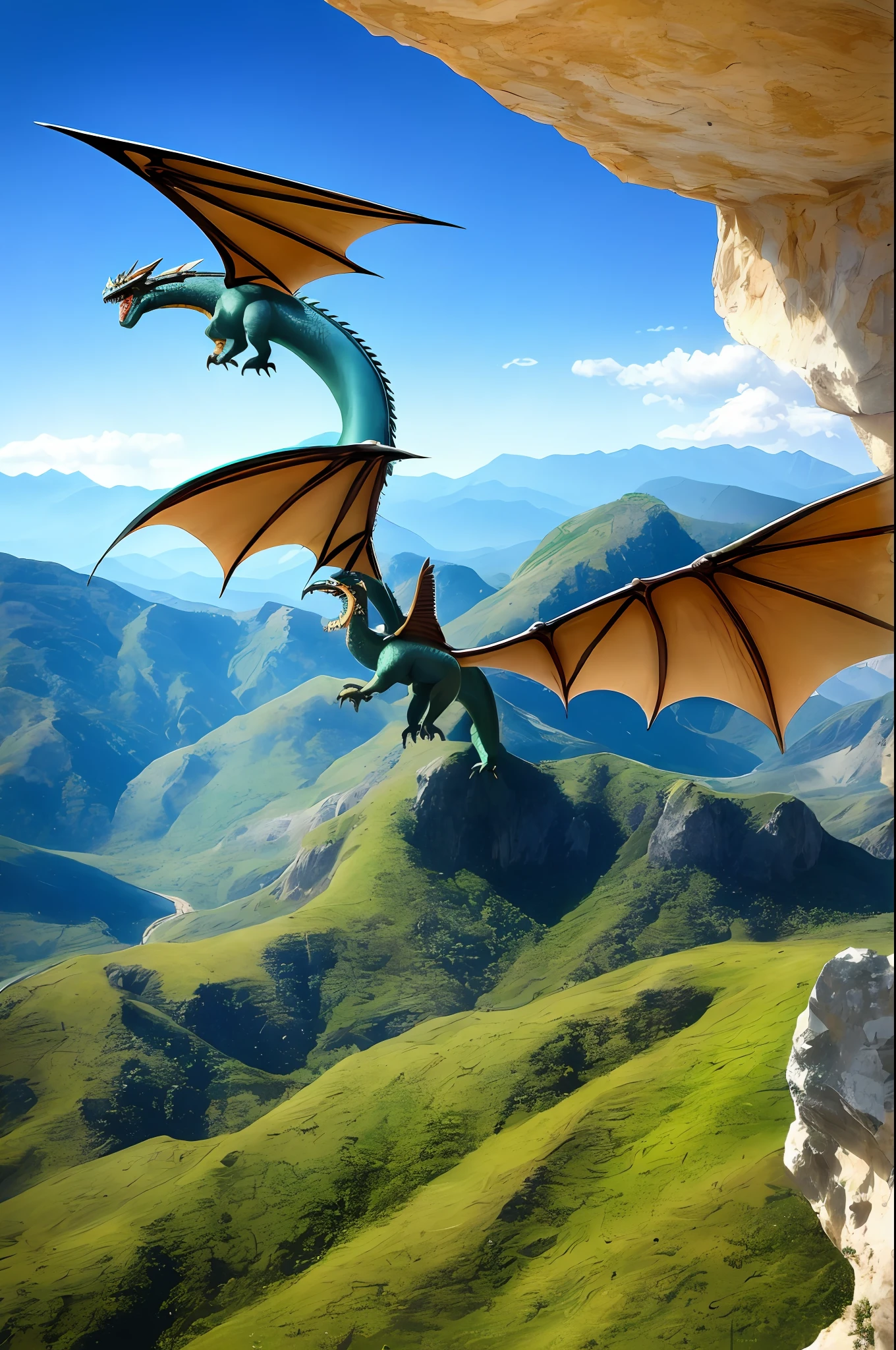 uma bela montanha coreana com lago, (obra-prima), (retrato), (foto crua), (papel de parede 8k extremamente detalhado da unidade CG) Intrincado, foco nítido, dramatic and photorealistic art with a beautiful and large metallic bluish dragon flying over the mountains