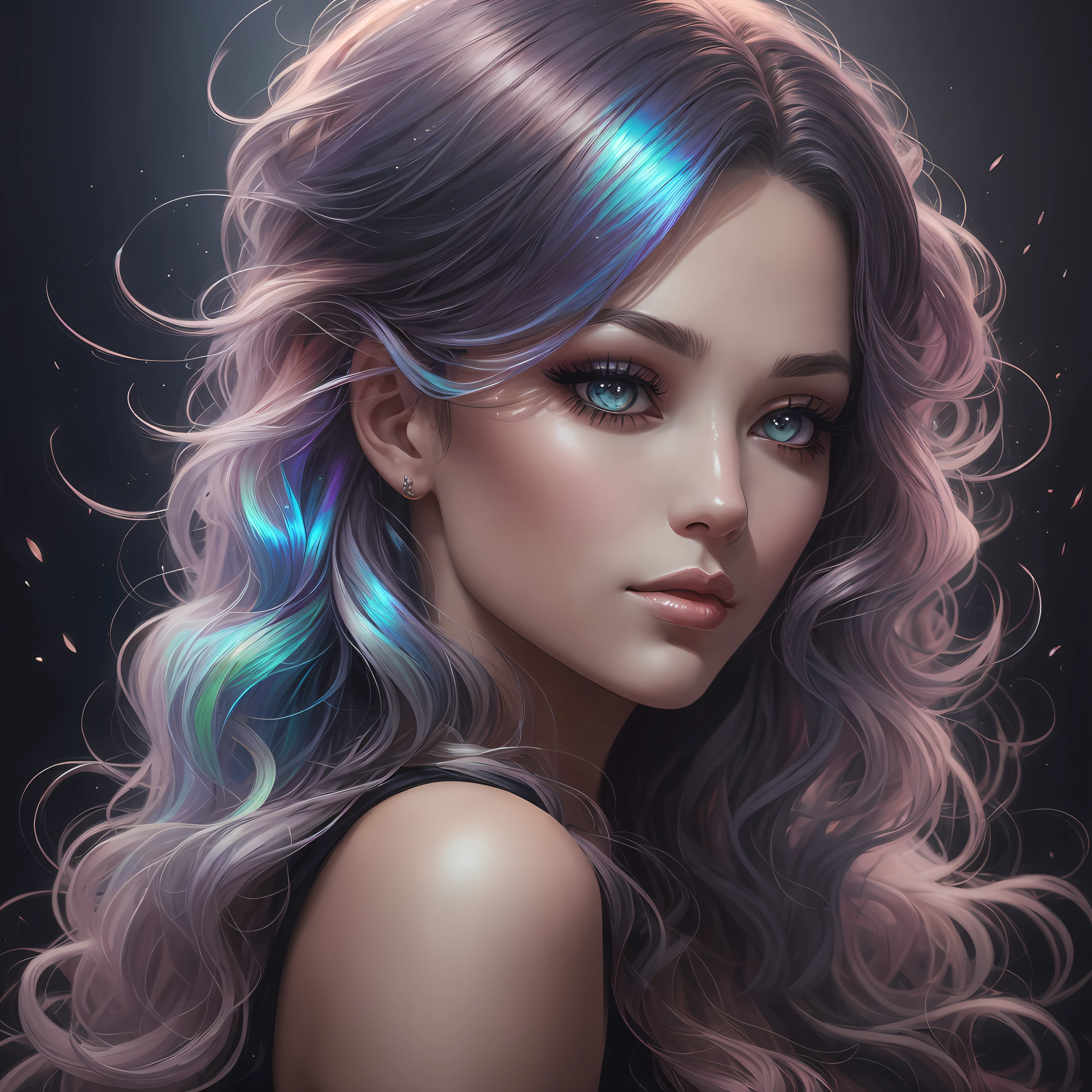 ???? painting of a beautiful woman with big, wild wavy rainbow hair; hyper-realistic long lashes, hyper-detailed fantasy art; elegant, intricate, detailed, symmetrical, ethereal, iridescent, 16k face, by Artgerm, WLOP" --auto --s2