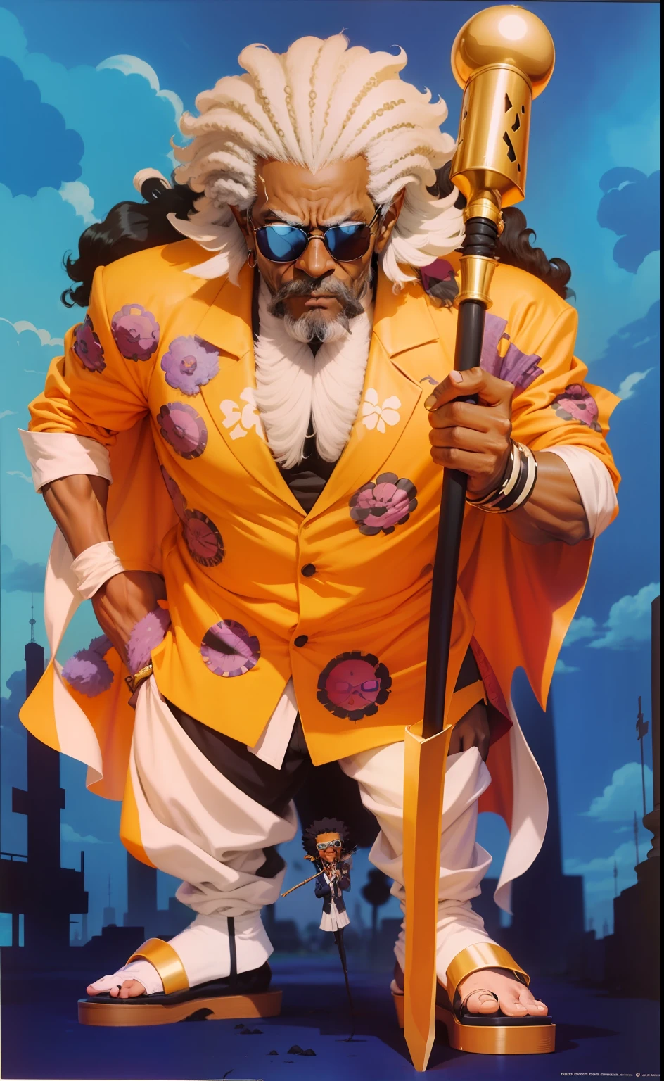 Old black man with gray black hair carrying scepter and wearing sunglasses, submundo ao fundo, por artista "anime", anime, japanese manga, afro, Velho Negro, from one piece, Arte de Anime, por One Piece --auto