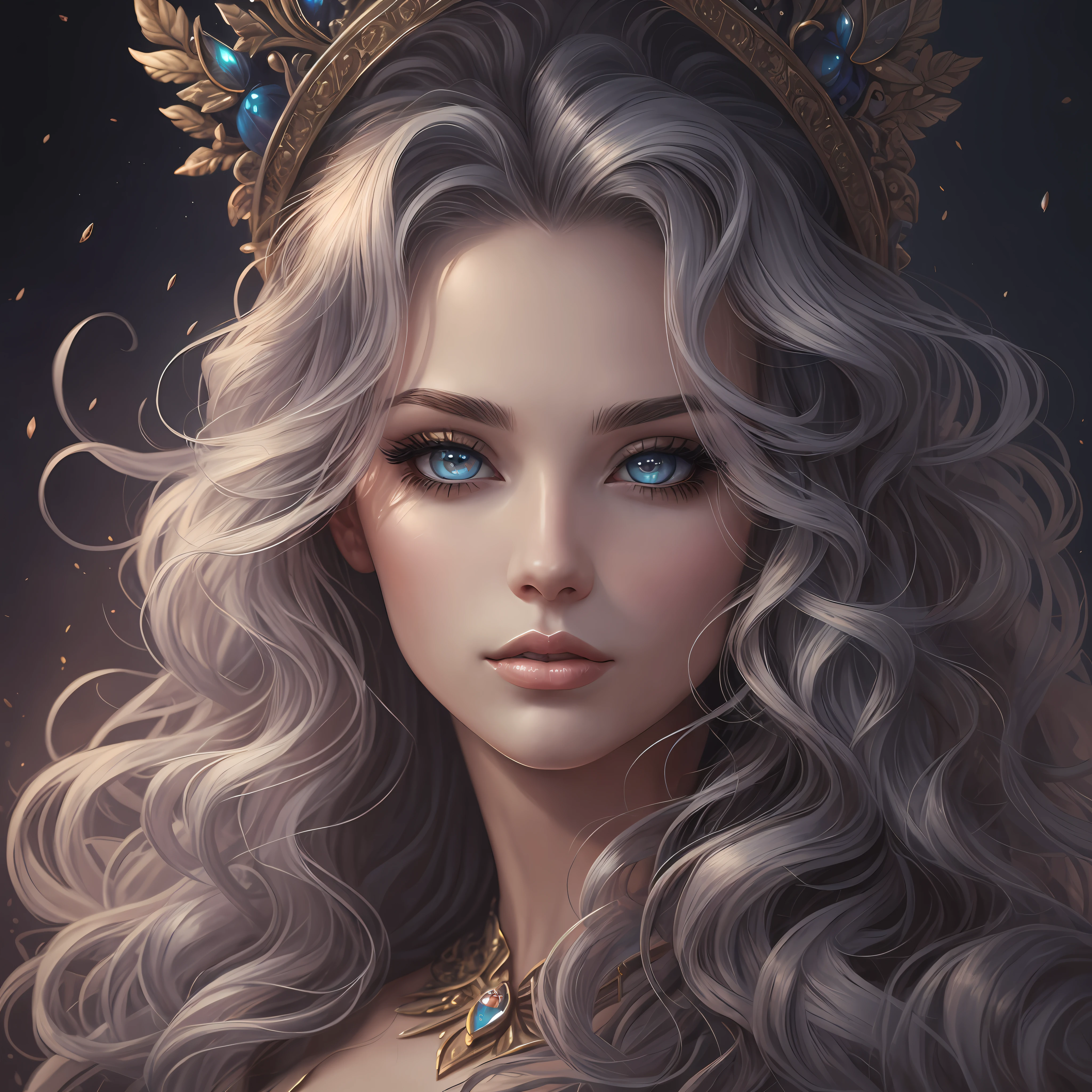 Noir painting of a beautiful woman with big, wild wavy rainbow hair; hyper-realistic long lashes, hyper-detailed fantasy art; elegant, intricate, detailed, symmetrical, ethereal, iridescent, 16k face, by Artgerm, WLOP" --auto --s2