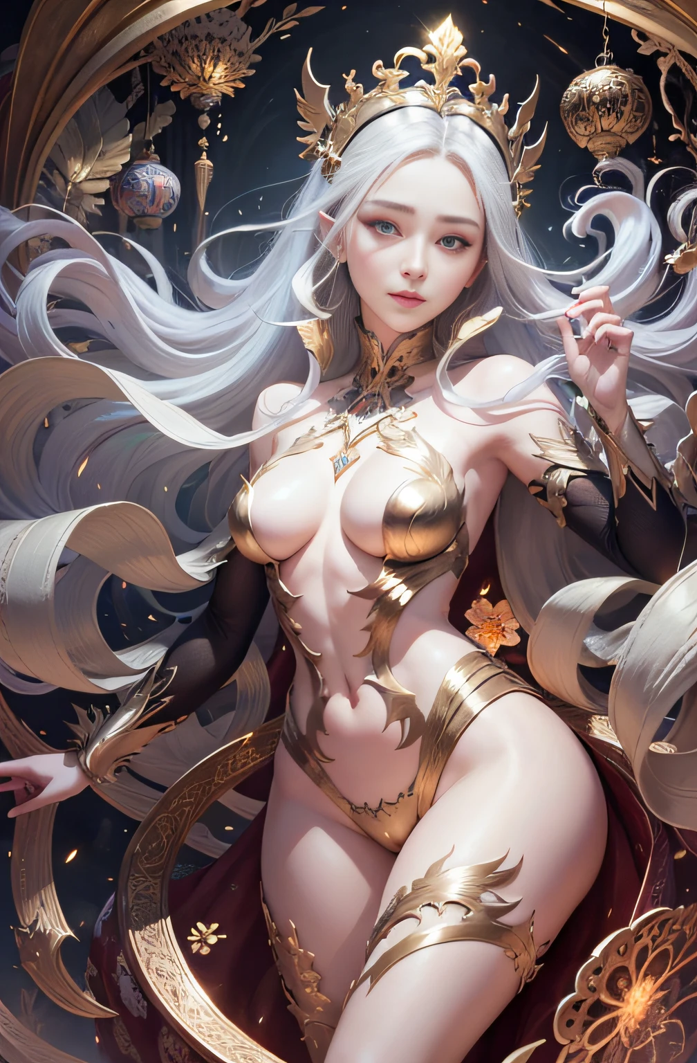 face by tom bagshaw art station, Moon Goddess, full length figure, contemptuous gaze, detailed face, (: 1.4), gold decoration, plain black background, beautiful Caucasian girl closeup, dynamic moving body, digital art, splash, full body, Sakimichan art, oriental mandala tattoo, fractal background, silver and gold and bronze spirit, floating antique clock, antique lamp, splash, seductive pose, visible pubic hair , visible small breasts, full body, beautiful European Caucasian girl, sexy lady beauty, bare breasts, open neckline, clothing transparent fabric, standing, realistic, highest detail, holy holy, golden eyes, heavenly palace, countless palaces, clouds, golden light, golden lotus, (tianchi bath), pubic hair view, splash, full body, Sakimichan art, slight smile, seductive pose, visible pubic hair, full body, transparent clothes, Jean-Bapti style ste monge, shiny, beautiful girl, glittering, cute adorable filigree, edge lighting, lights, surreal, fantasy, digital art, wlop, artgerm and james jean, floating antique clock, antique lamp, floating antique clock, tom bagshaw art station face, the perfect masterpiece, highest quality, the perfect artwork, 8K, upper body lens, frontal portrait, delicate face, looking at the audience, beautiful girl, magical transparent eyes, platinum hair and 3d fractals, colorful illustration, anime cartoon style, face of tom bagshaw art station, dreamy glow, golden, goddess maiden, flame, flowing female full body, close-up of beautiful caucasian girl, body in motion dynamic, fluent, 3d fractals, light particles, spiritual ink, soft, glittering, minimalistic style, 16k, intricate art masterpiece, open legs, see-through clothing, goddess maiden , 1 sexy girl in transparent forest clothes, exposed breasts, open transparent T-shirt