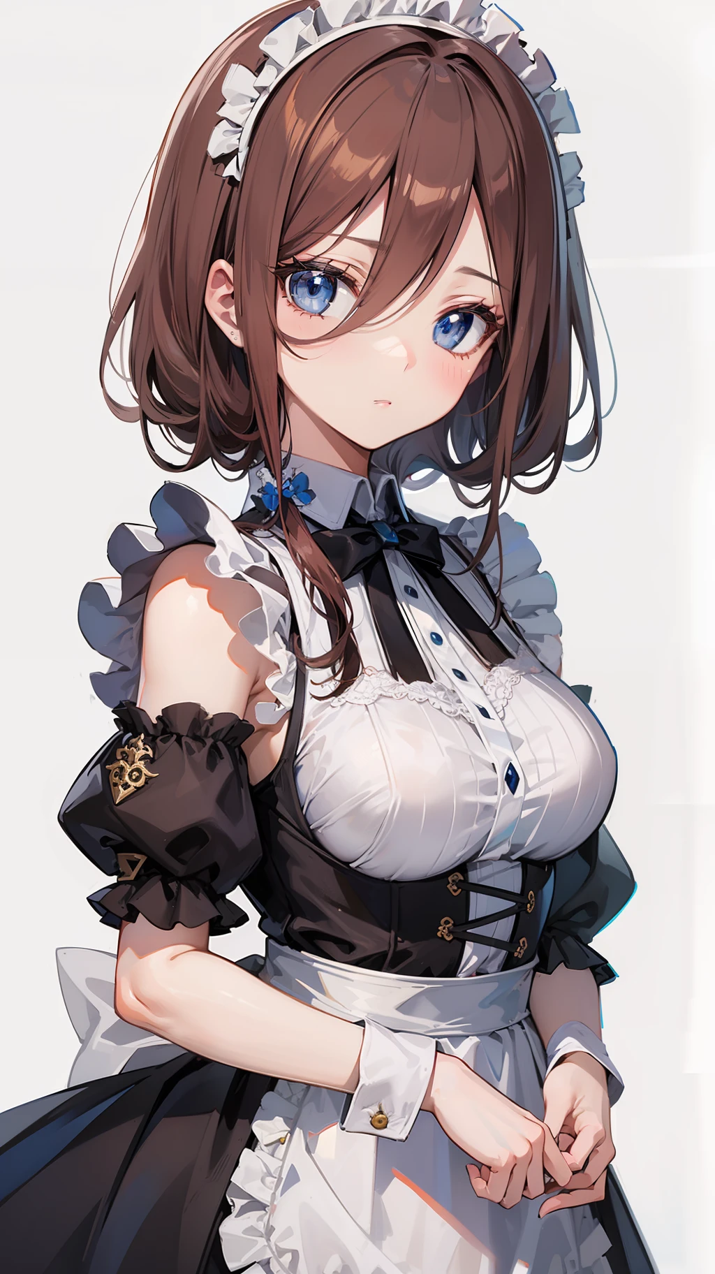 1girl, teen, medium breasts size, brown hair, (((blue eyes))), detailed eyes, beautiful eyes, fixed eyes, maid outfit, (empty background)