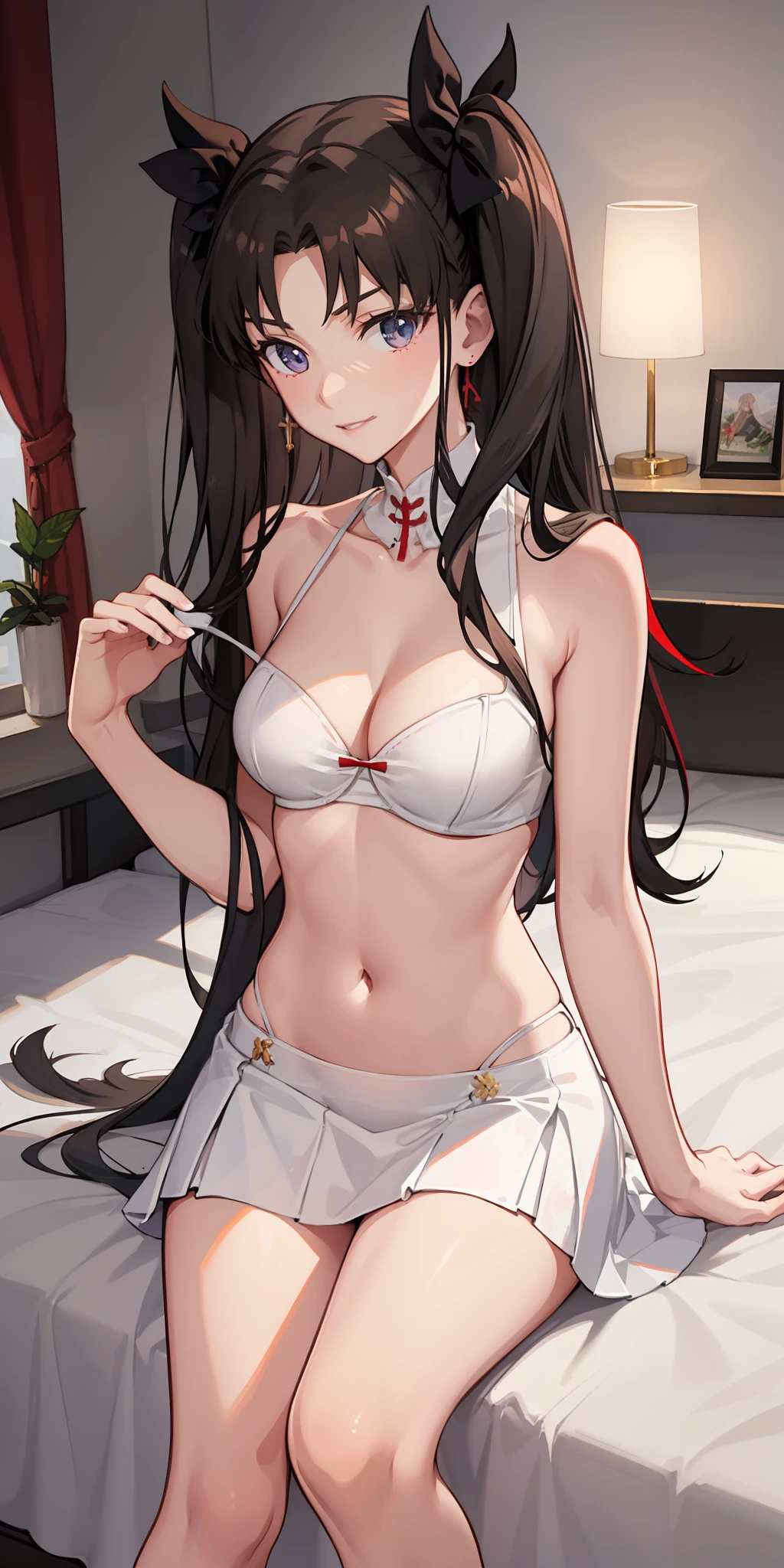 long hair, black hair, medium breast, slim legs, happy, white gown, cleavage, bedroom, skirt, rin tohsaka, twin tail, navel