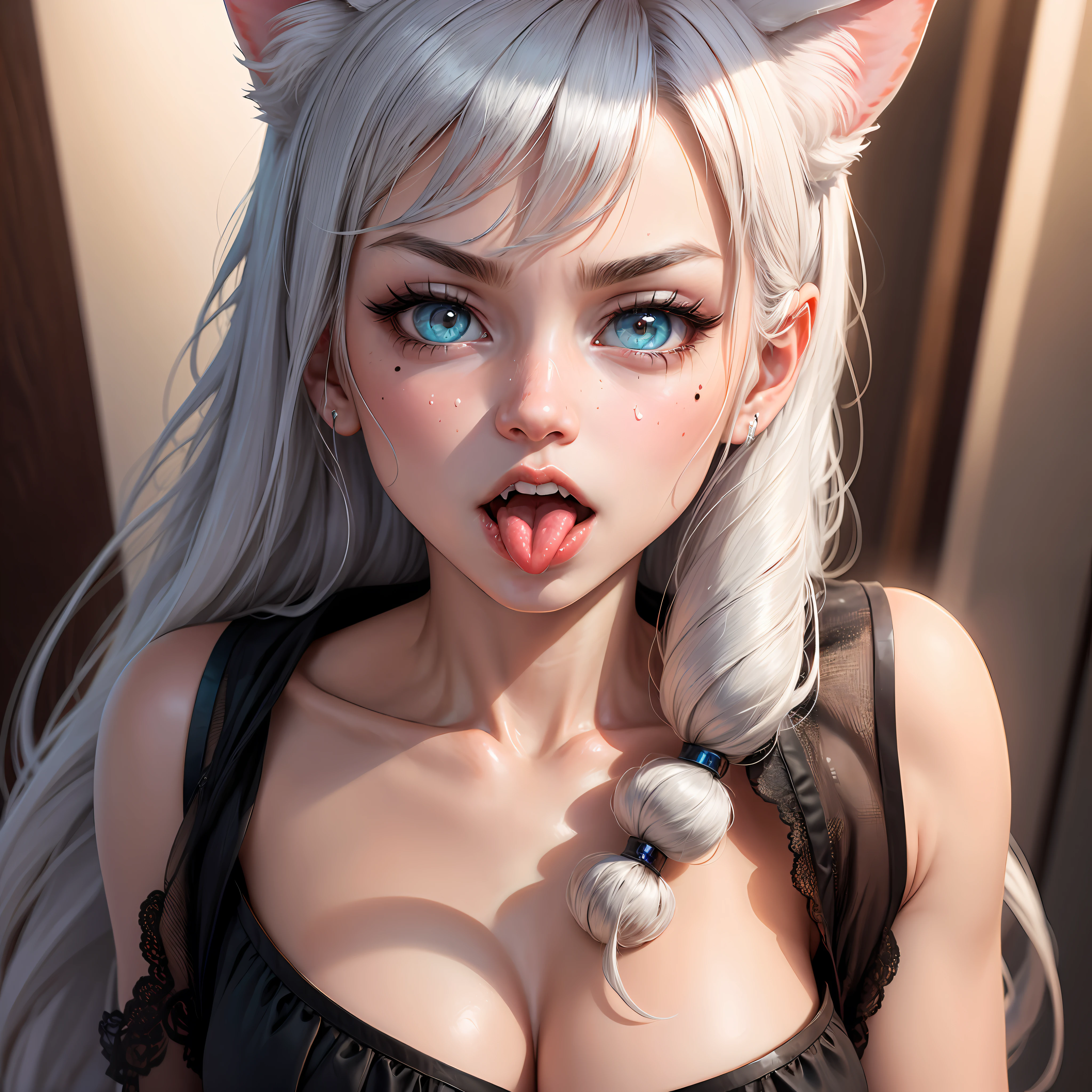 Silver hair, Very long hair, over-rim eyewear, Heart-shaped pupils, Moles under eyes, Rolling eyes, pupils in symbol shapes,aqua eyes, Glaring, Cat ears, kemonomimi mode, Shy, Blush, Tongue stock, saliva, Tongue out, Lick lip, V-shaped eyebrows, Scowl, jitome, Ear blush, hearts in eyes, Tsundere, Naughty face, Naughty, Yandere, saliva trail, Red lips, Long tongue, disdain, disgust, verbal invitation, surrealism, surrealism, High detail, 8K, Super detail, 16k, High details, High quality, Super detail, Textured skin, hyper HD --auto