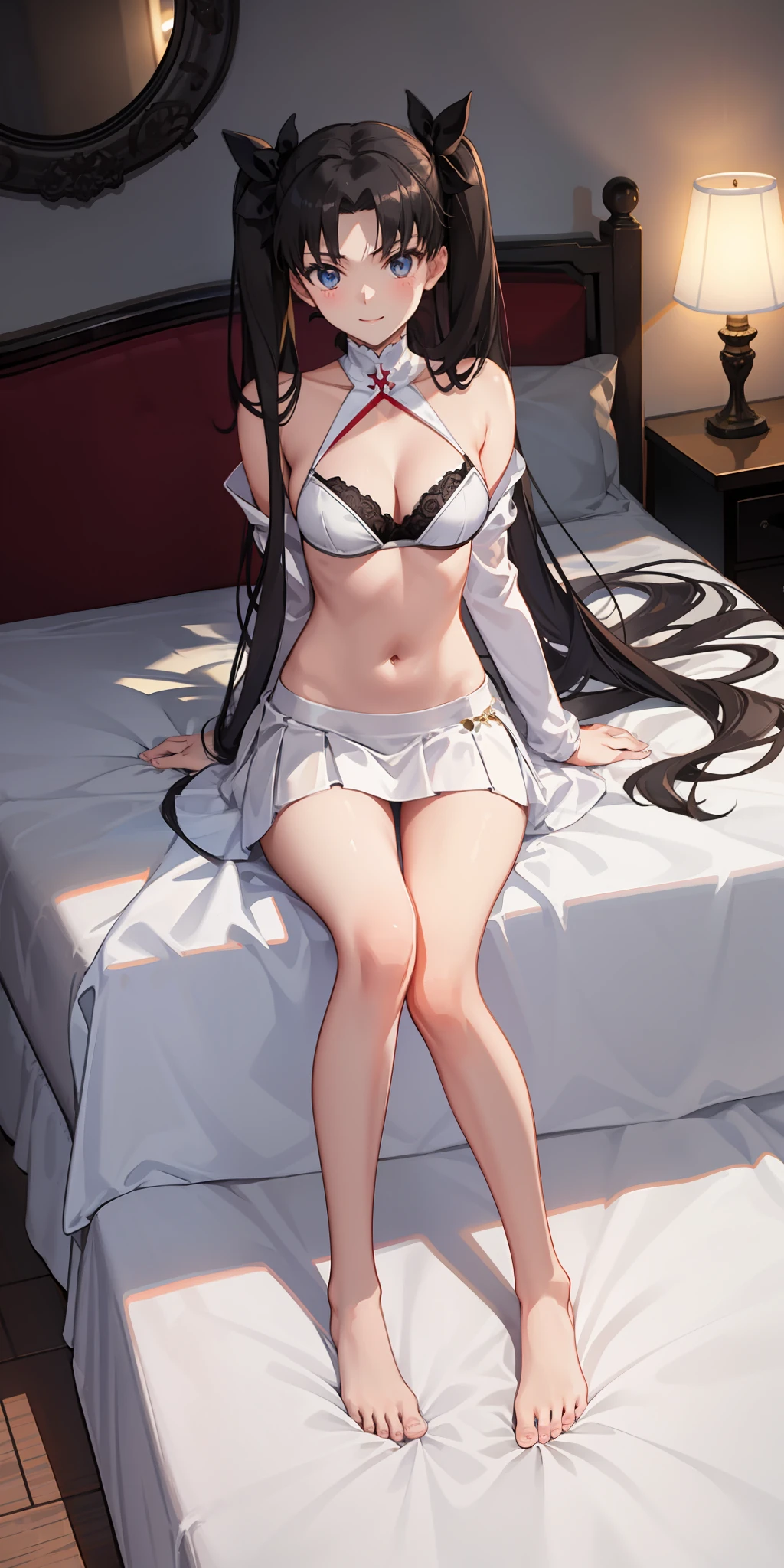long hair, black hair, medium breast, slim legs, happy, white gown, cleavage, bedroom, skirt, rin tohsaka, twin tail, navel