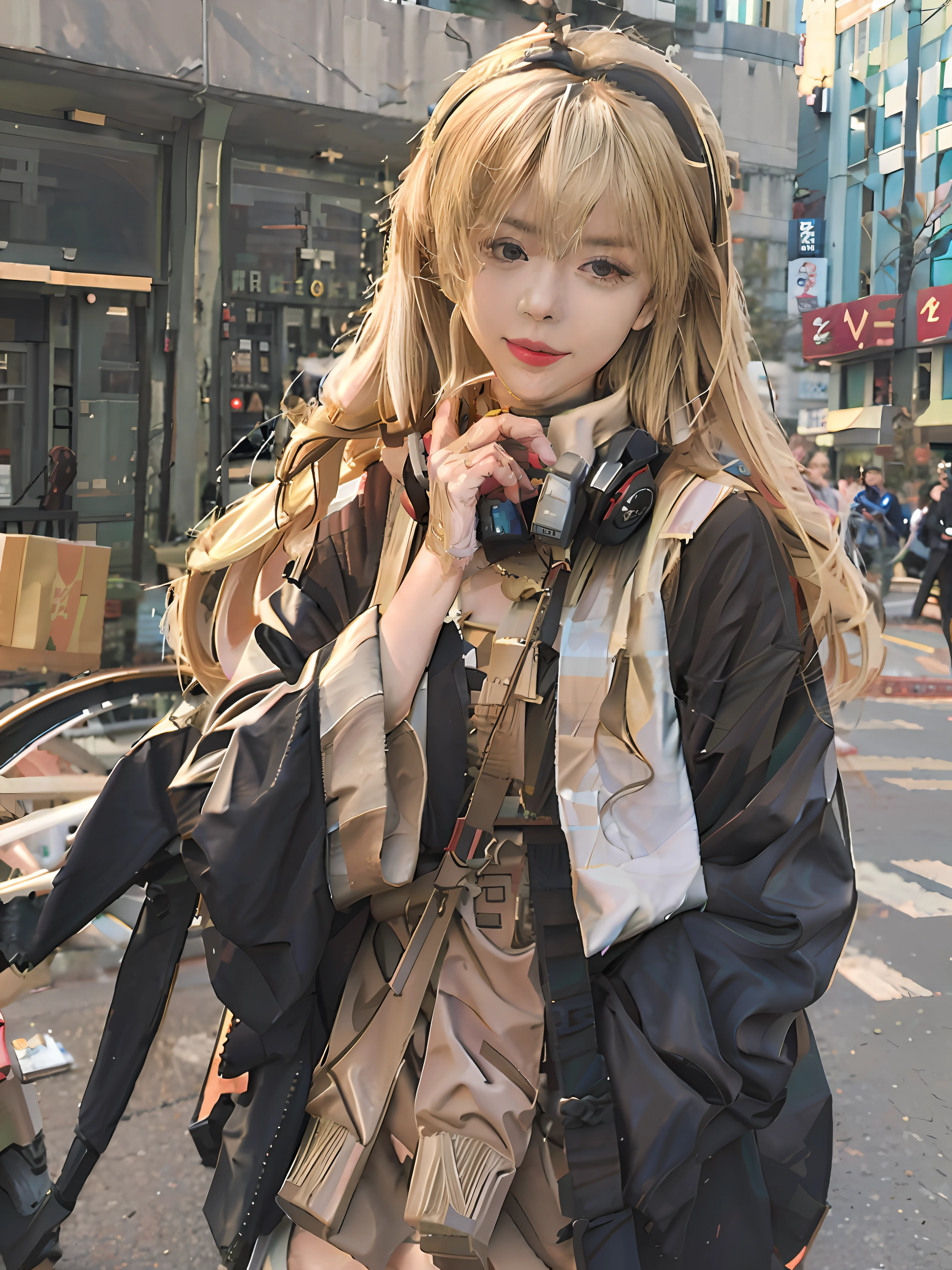 Realistic girl walking down street wearing headphones, Guviz-style artwork, Cute girl, Attractive pure girl, Anime style. 8K, long blonde haired girl, Girl with long hair, Nice realistic girl, Portrait of a realistic girl, Beautiful anime girl, Beautiful and realistic portrait, Young reality TV girl, Anime style 416K, A age girl