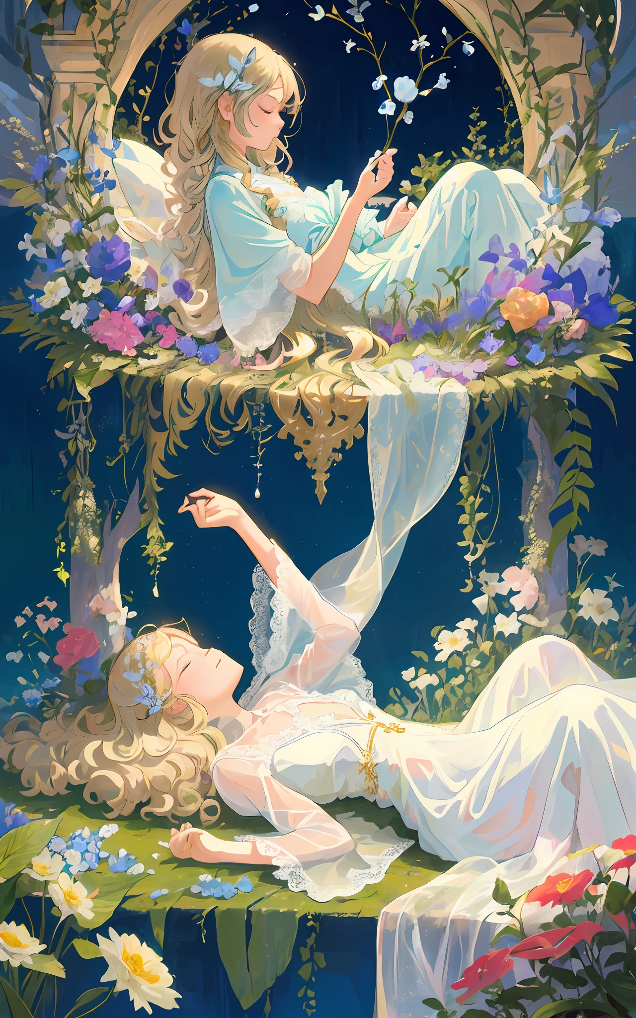 A little girl lying in a lot of flowers.
She is sleeping on her side.
(1 girl (5 years old)), blond hair, natural curly hair, side parting, flower hair ornament, lace white dress, closed eyes, have long eyelashes, profile), light blue butterfly (transparent, luminous), different world letters, pastel colors, fantasy world, Art Nouveau, Alphonse Mucha